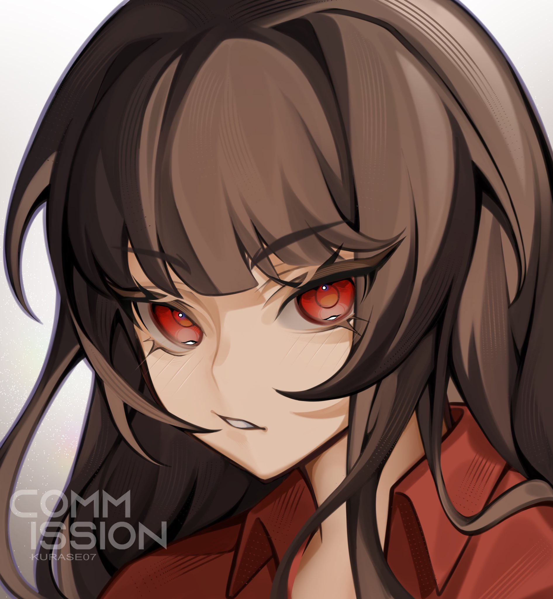 kurase 07, original, commentary, commission, english commentary, highres, vgen commission, 1girl, artist name, brown hair, collared shirt, eyelashes, long hair, looking at viewer, parted lips, portrait, red eyes, red shirt, shirt, simple background, solo, white background, wispy bangs