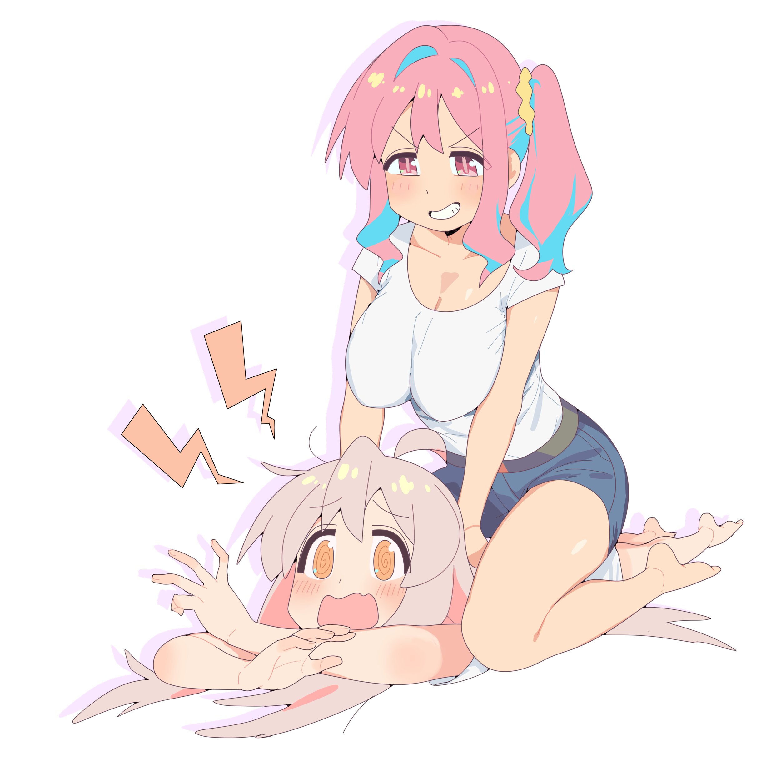 karubi (karubi465558), hozuki kaede, oyama mahiro, onii-chan wa oshimai!, absurdres, commentary, highres, 2girls, @ @, ahoge, bare arms, bare legs, barefoot, blue hair, blue shorts, blush, breasts, full body, grey hair, grin, hair ornament, hair scrunchie, large breasts, long hair, massage, multicolored hair, multiple girls, open mouth, orange eyes, pink eyes, pink hair, scrunchie, shirt, short shorts, short sleeves, shorts, side ponytail, simple background, smile, straddling, two-tone hair, v-shaped eyebrows, wavy mouth, white background, white shirt, yellow scrunchie