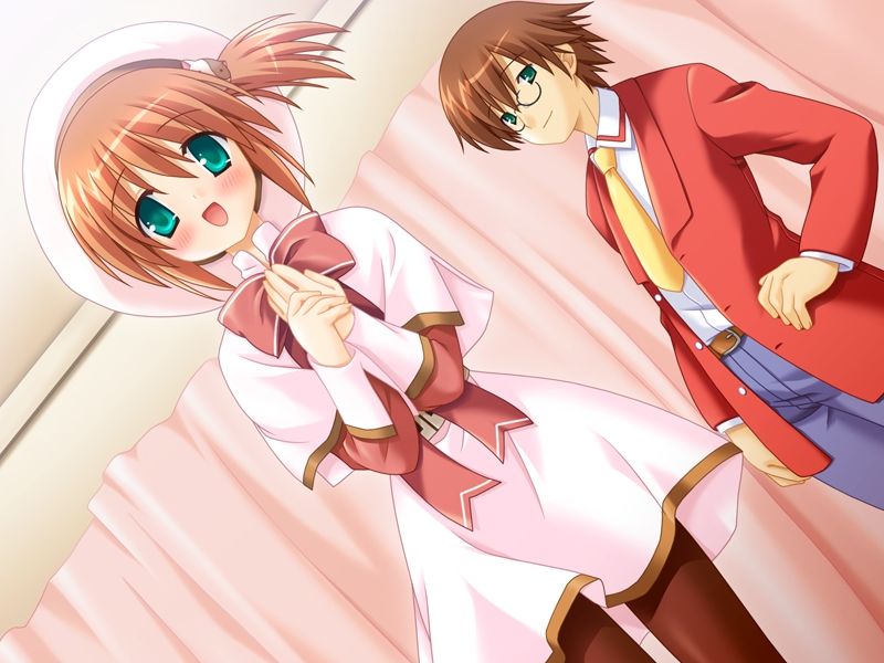 hiiro, izumi harue, rondo bell, nekoyashiki miiko, hapikuri, game cg, 1boy, 1girl, blush, brown hair, glasses, green eyes, open mouth, school uniform, serafuku, short hair