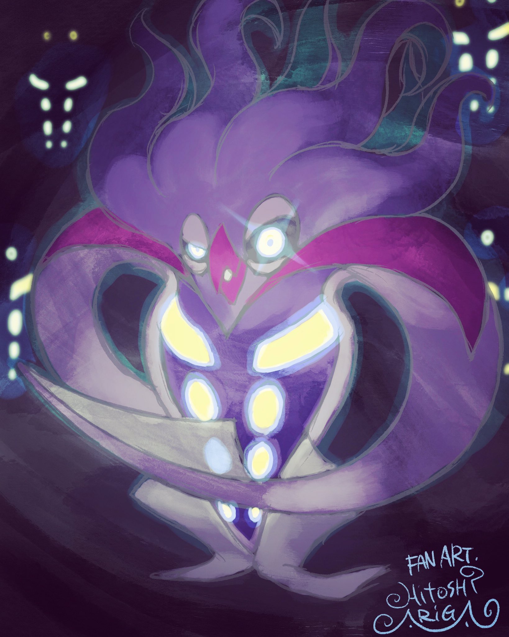 ariga hitoshi, malamar, nintendo, pokemon, commentary request, highres, gen 6 pokemon, glowing, glowing eyes, glowing markings, half-closed eye, looking at viewer, no humans, open mouth, pokemon (creature), pokemon focus, signature