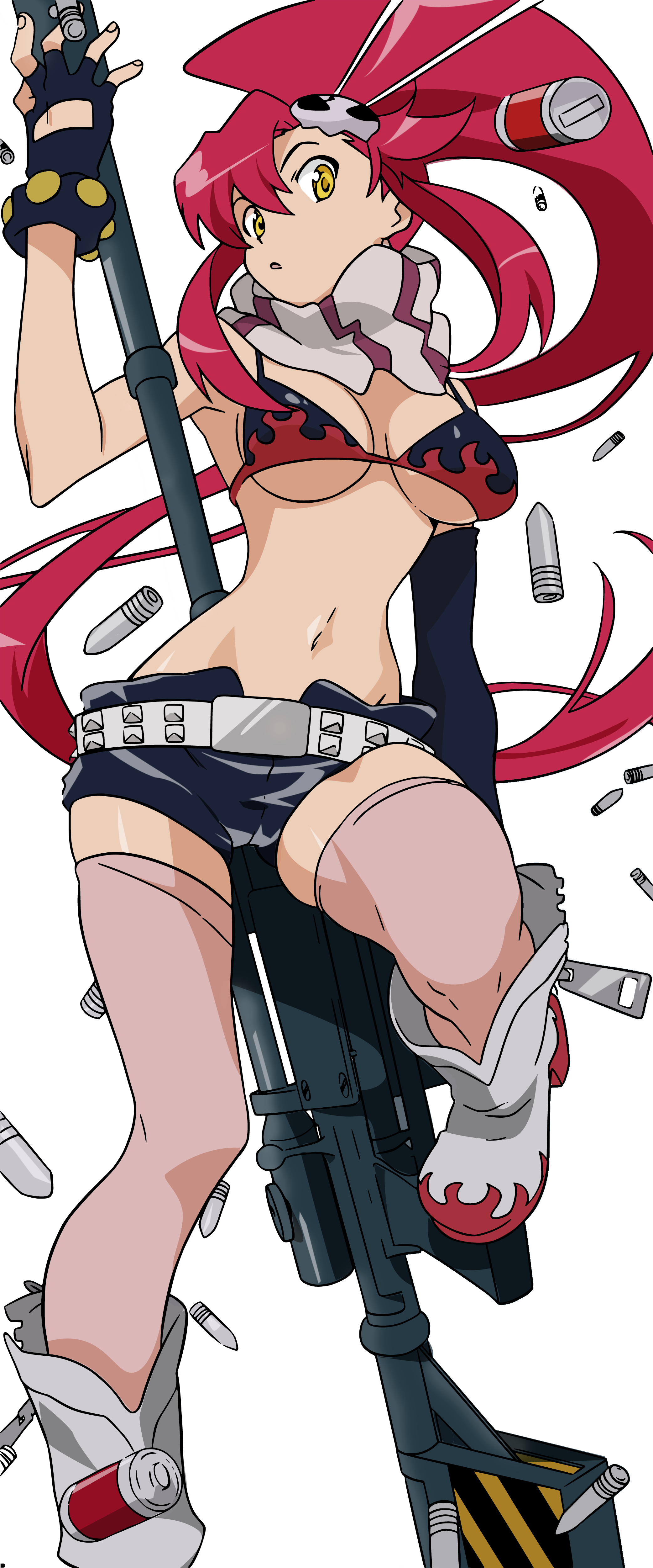 yoko littner, gainax, tengen toppa gurren lagann, absurdres, derivative work, highres, vector trace, 00s, armor, belt, bikini armor, boots, breasts, gloves, gun, long hair, midriff, red hair, scarf, shorts, thighhighs, underboob, weapon, yellow eyes, zipper
