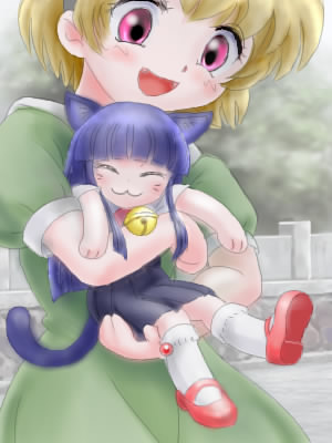 furude rika, houjou satoko, higurashi no naku koro ni, lowres, 00s, 2girls, :3, animal ears, blonde hair, blush, cat ears, chibi, dress, fang, hime cut, kneehighs, multiple girls, red eyes, shirt, short hair, skirt, socks, white shirt