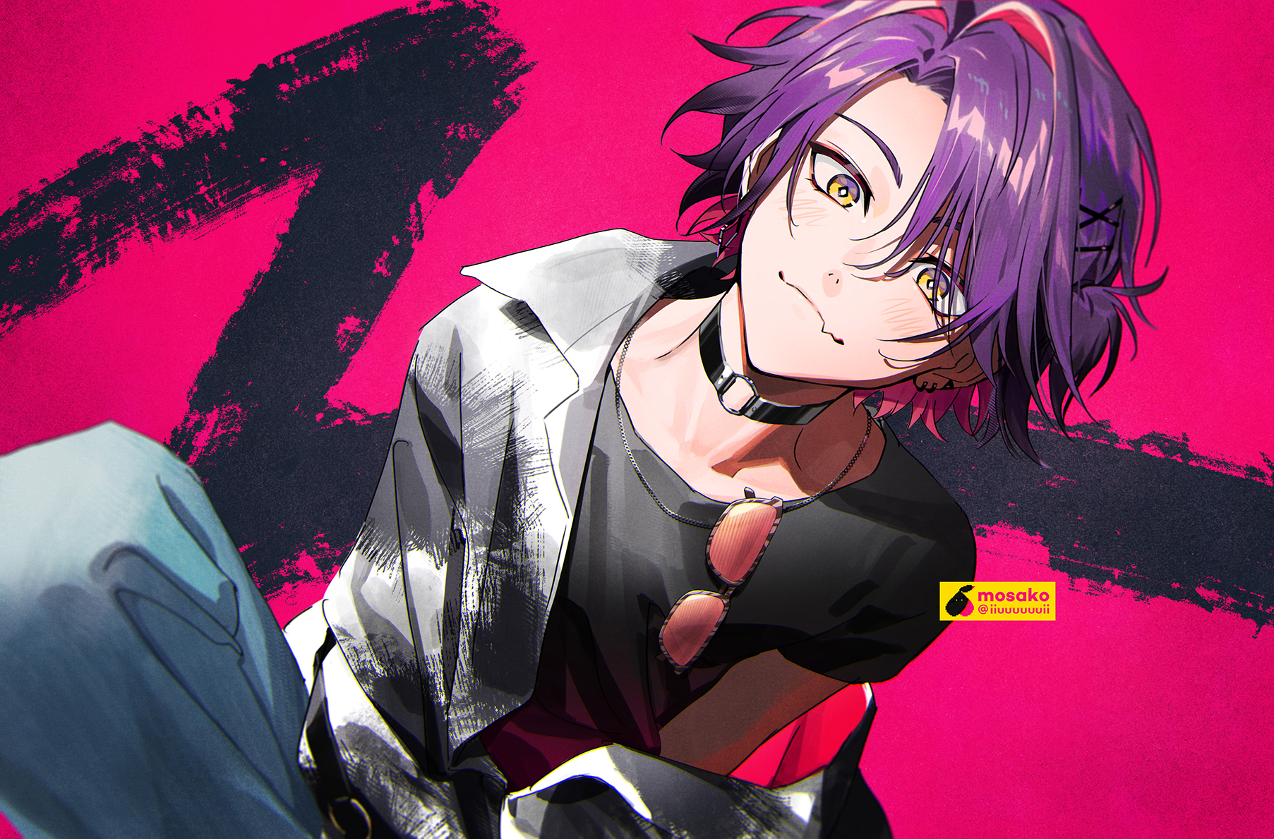 mosako, watarai hibari, nijisanji, commentary request, highres, 1boy, :3, black shirt, choker, colored inner hair, denim, eyewear hang, fang, gradient eyes, hair intakes, head tilt, jeans, male focus, multicolored eyes, multicolored hair, orange-tinted eyewear, pants, pink background, pink hair, purple eyes, purple hair, shirt, short sleeves, simple background, single off shoulder, skin fang, solo, tinted eyewear, unworn eyewear, virtual youtuber, watarai hibari (4th costume), watermark, yellow eyes