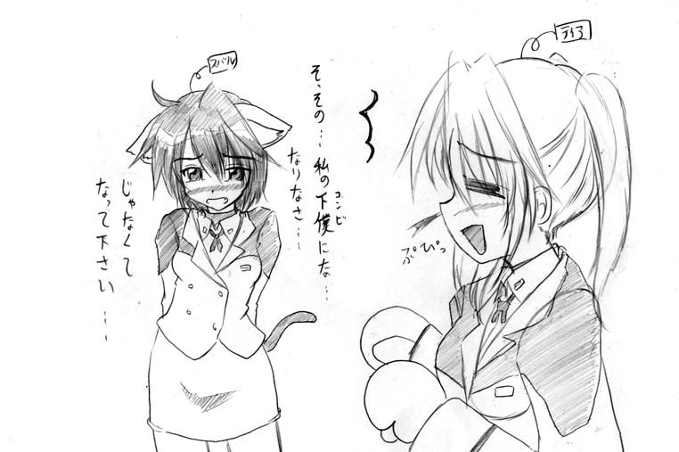subaru nakajima, teana lanster, lyrical nanoha, mahou shoujo lyrical nanoha, 00s, animal ears, blush, cat ears, long hair, military, necktie, short hair, skirt, twintails