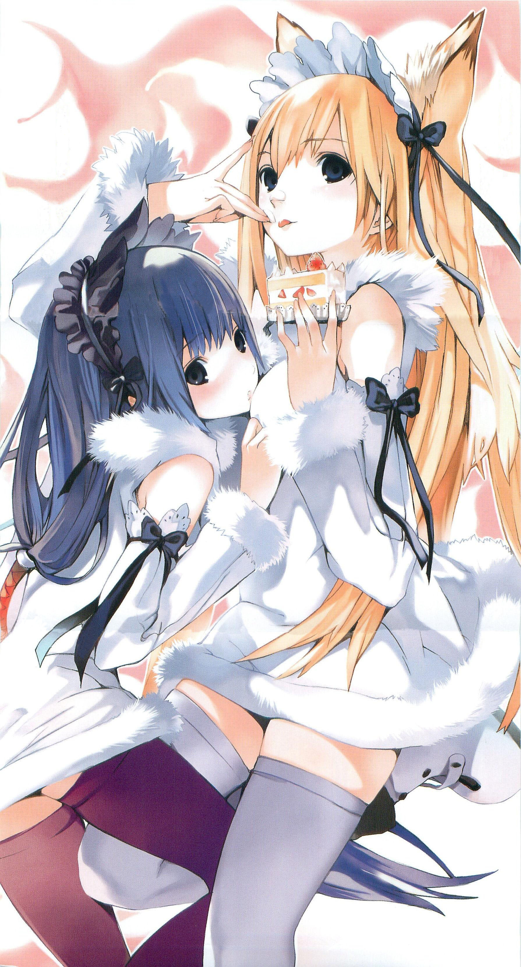 houden eizou, kou (wagaya), kou (wagaya no oinari-sama), tenko kuugen, wagaya no oinari-sama, absurdres, highres, 00s, 2girls, :p, animal ears, blonde hair, blue eyes, blue hair, bonnet, cake, dress, food, fox ears, fruit, long hair, multiple girls, pastry, ribbon, skirt, strawberry, sweater, thighhighs, tongue, tongue out, yuri, zettai ryouiki