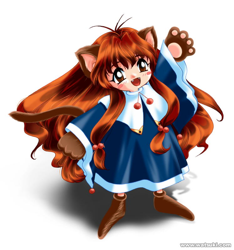 ahoge, animal ears, blush, brown eyes, brown hair, cat ears, dress, fang, flat chest, long hair