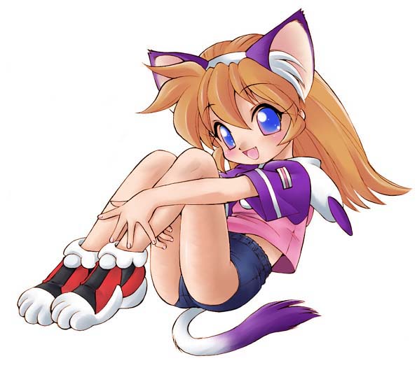 animal ears, bloomers, blue eyes, brown hair, cat ears, fang, flat chest, short hair, underwear