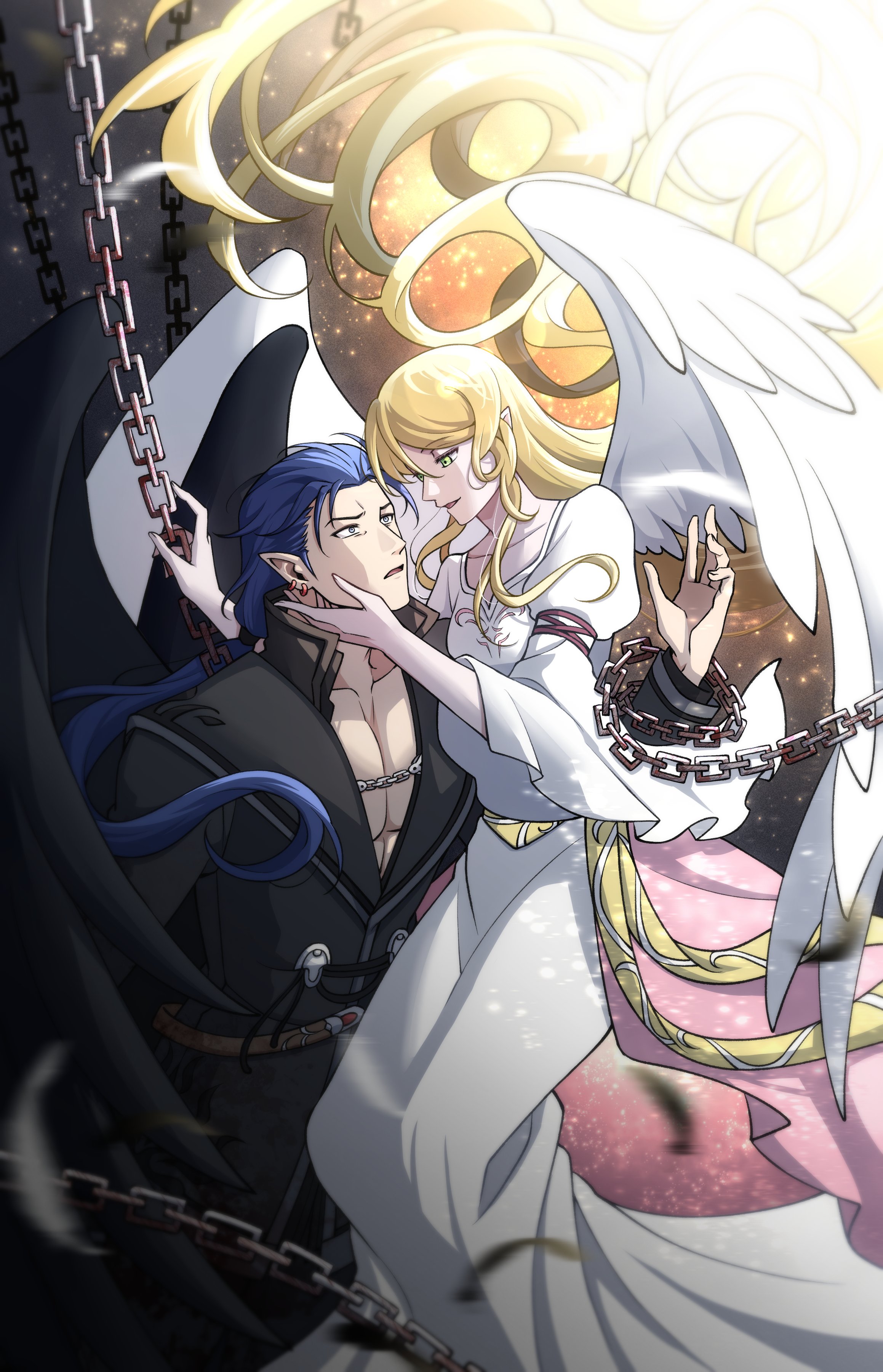 tellius forever, leanne (fire emblem), naesala (fire emblem), fire emblem, fire emblem: radiant dawn, nintendo, absurdres, highres, 1boy, 1girl, angel wings, bird, black wings, blonde hair, blue hair, breasts, couple, dress, feathered wings, green eyes, heron, hetero, long hair, pointy ears, small breasts, very long hair, white dress, white wings, wings