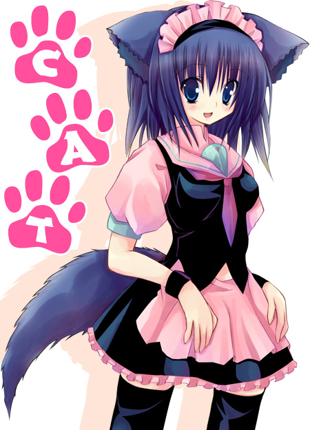 animal ears, apron, blue eyes, blue hair, cat ears, cuffs, dog ears, dress, maid, maid apron, necktie, school uniform, serafuku, short hair, thighhighs