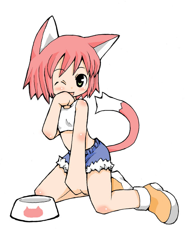 yuuno, 1girl, animal ears, bowl, cat ears, cat tail, denim, denim shorts, female focus, flat chest, green eyes, midriff, pet bowl, pink hair, short hair, shorts, solo, tail, tank top