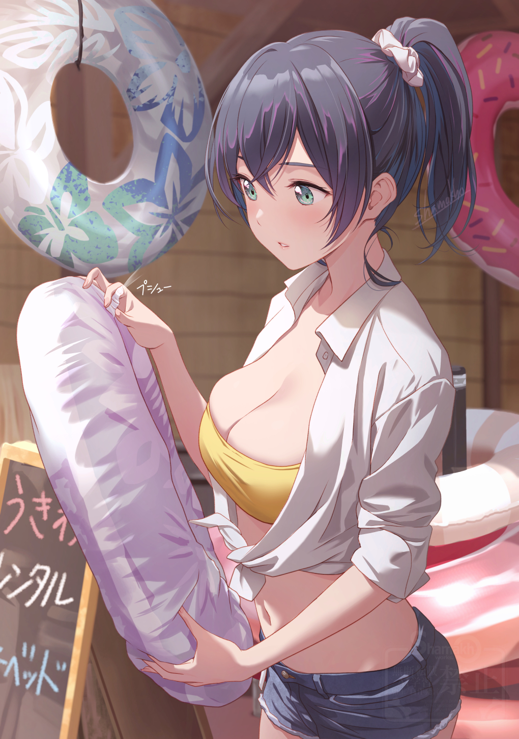 shamakho, kamioosaki uruka, original, commentary, highres, translation request, 1girl, black hair, blush, breasts, cleavage, collarbone, cowboy shot, denim, denim shorts, green eyes, innertube, kenzen kanojo uruka-chan, looking at object, medium breasts, medium hair, midriff, navel, open clothes, open shirt, parted lips, pink hair, ponytail, short shorts, shorts, signature, solo, strapless, swim ring, tube top, watermark
