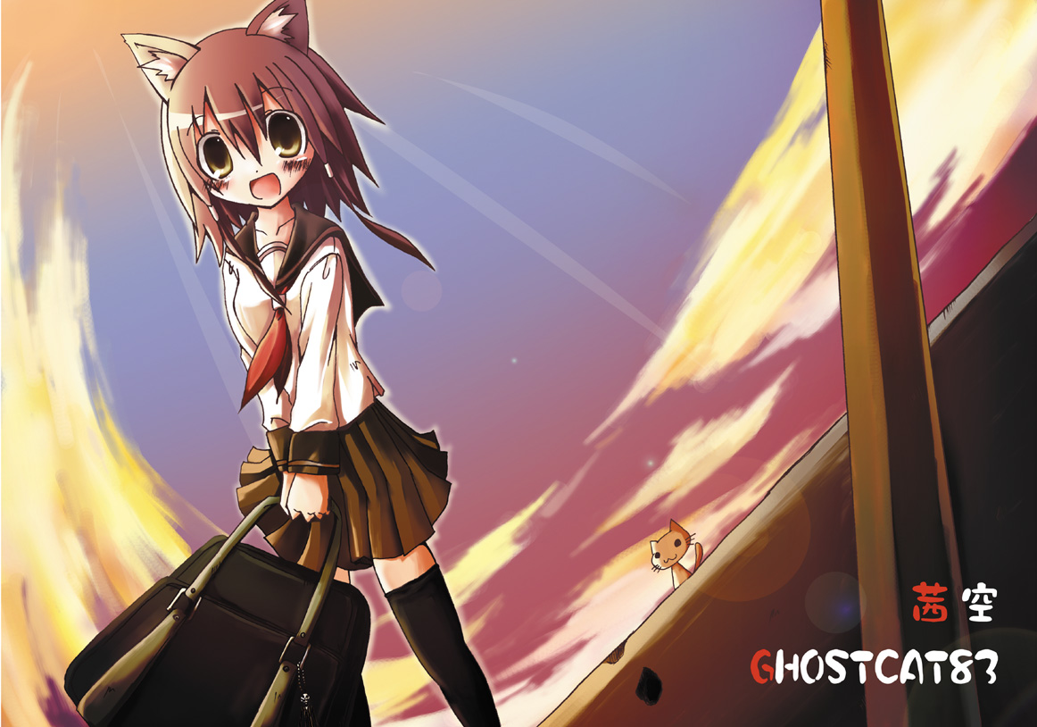 animal ears, blush, brown eyes, brown hair, cat, cat ears, necktie, school uniform, serafuku, short hair, skirt, thighhighs