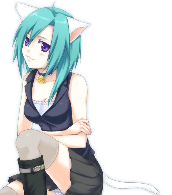 usashiro mani, original, 1girl, ahoge, animal ears, aqua hair, bell, blush, boots, cat ears, cat girl, cat tail, choker, collar, crossed arms, female focus, green hair, jingle bell, knee boots, kneehighs, long hair, neck bell, panties, pantyshot, purple eyes, short hair, skirt, smile, socks, solo, striped clothes, striped panties, tail, thighhighs, underwear, zettai ryouiki