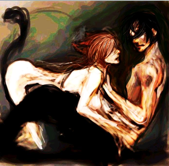 animal ears, breasts, cat ears, long hair, nude, red hair