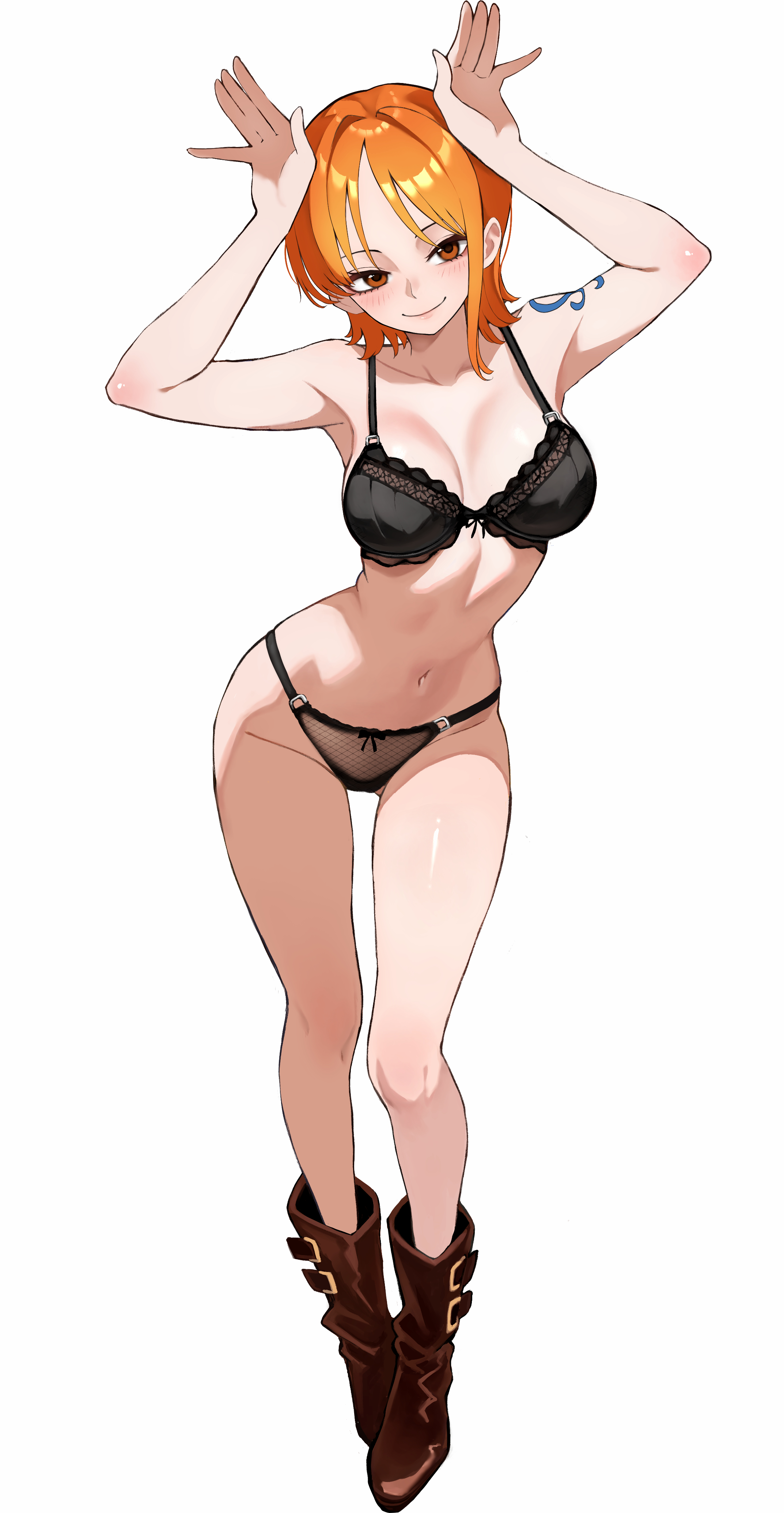 kasumi 6, nami (one piece), one piece, absurdres, commission, highres, pixiv commission, variant set, 1girl, arm tattoo, armpits, arms up, black bra, black panties, boots, bra, breasts, brown boots, brown eyes, cleavage, closed mouth, full body, large breasts, looking at viewer, navel, orange hair, panties, short hair, simple background, smile, solo, standing, stomach, tattoo, thighs, underwear, underwear only, white background