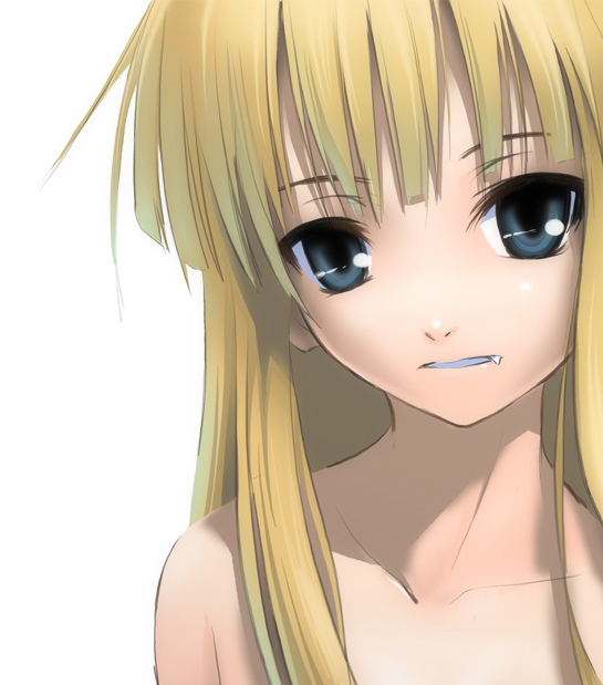 nilitsu, evangeline a.k. mcdowell, mahou sensei negima!, 00s, 1girl, blonde hair, blue eyes, collarbone, fang, female focus, long hair, nude, simple background, solo, white background