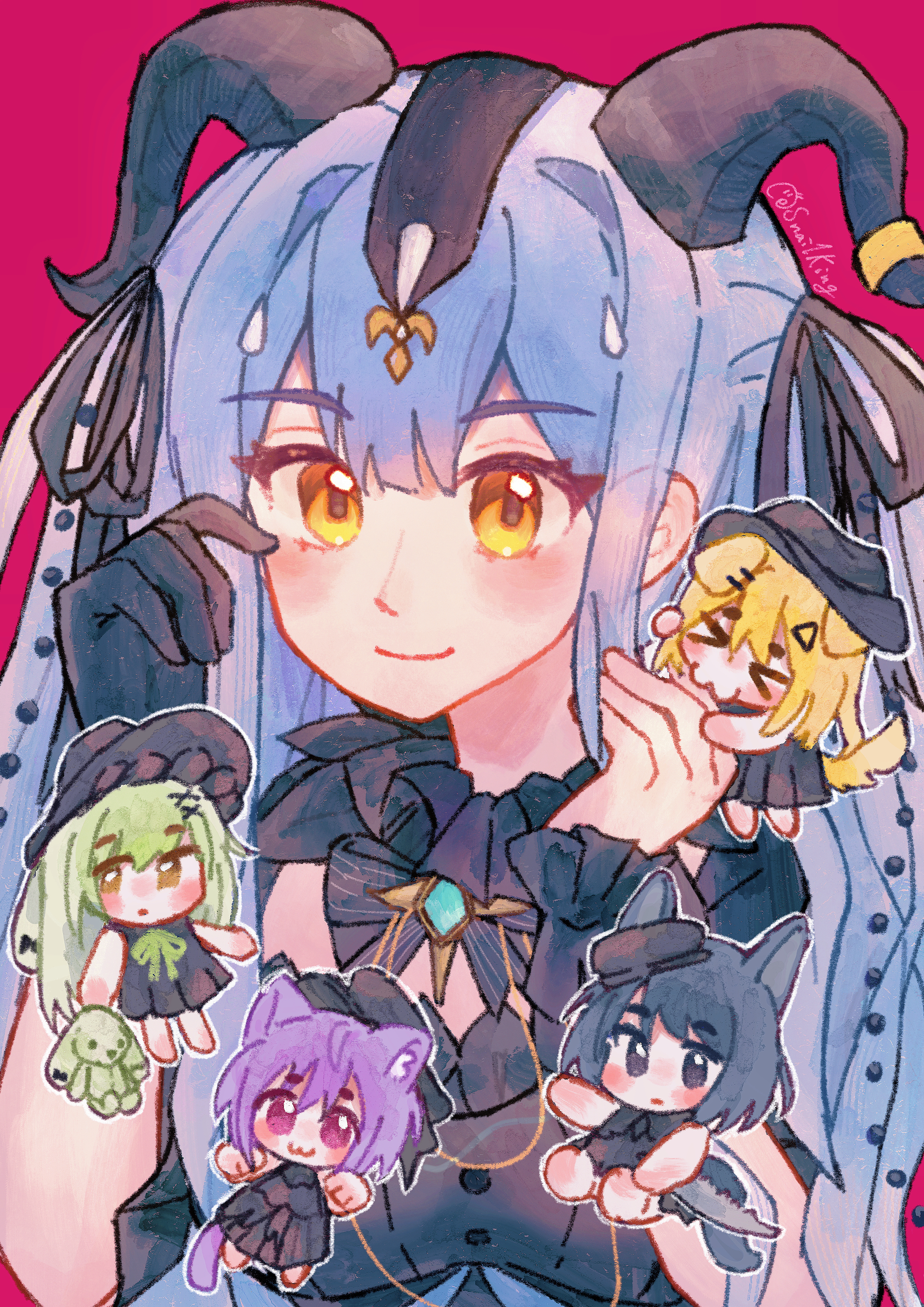 misumi uika, togawa sakiko, wakaba mutsumi, yahata umiri, yuutenji nyamu, arknights, ave mujica (bang dream!), bang dream!, bang dream! it's mygo!!!!!, absurdres, highres, > <, 5girls, :3, animal ears, biting another's finger, black dress, black gloves, black hair, black horns, black ribbon, blonde hair, blue hair, cat ears, cat girl, chibi, closed mouth, curled horns, detached collar, dog ears, dog girl, dress, du ru woniu di, gloves, green hair, hair between eyes, hair ribbon, hands up, holding, holding stuffed toy, horns, long hair, looking at viewer, mini person, minigirl, misumi uika (caged singer), multiple girls, purple hair, rabbit ears, rabbit girl, ribbon, short hair, sidelocks, stuffed animal, stuffed rabbit, stuffed toy, togawa sakiko (master of melodia), upper body, wakaba mutsumi (marionette's id), wolf ears, wolf girl, yahata umiri (moonlight executioner), yellow eyes, yuutenji nyamu (magician of passion)