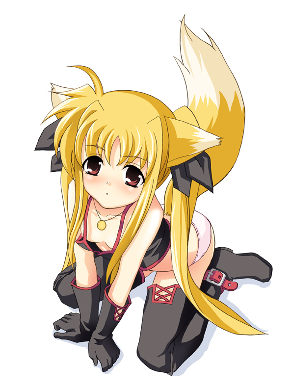 fate testarossa, lyrical nanoha, mahou shoujo lyrical nanoha, 00s, animal ears, blonde hair, blush, boots, bow, breasts, flat chest, fox ears, gloves, jewelry, loli, long hair, necklace, panties, red eyes, thighhighs, twintails, underwear