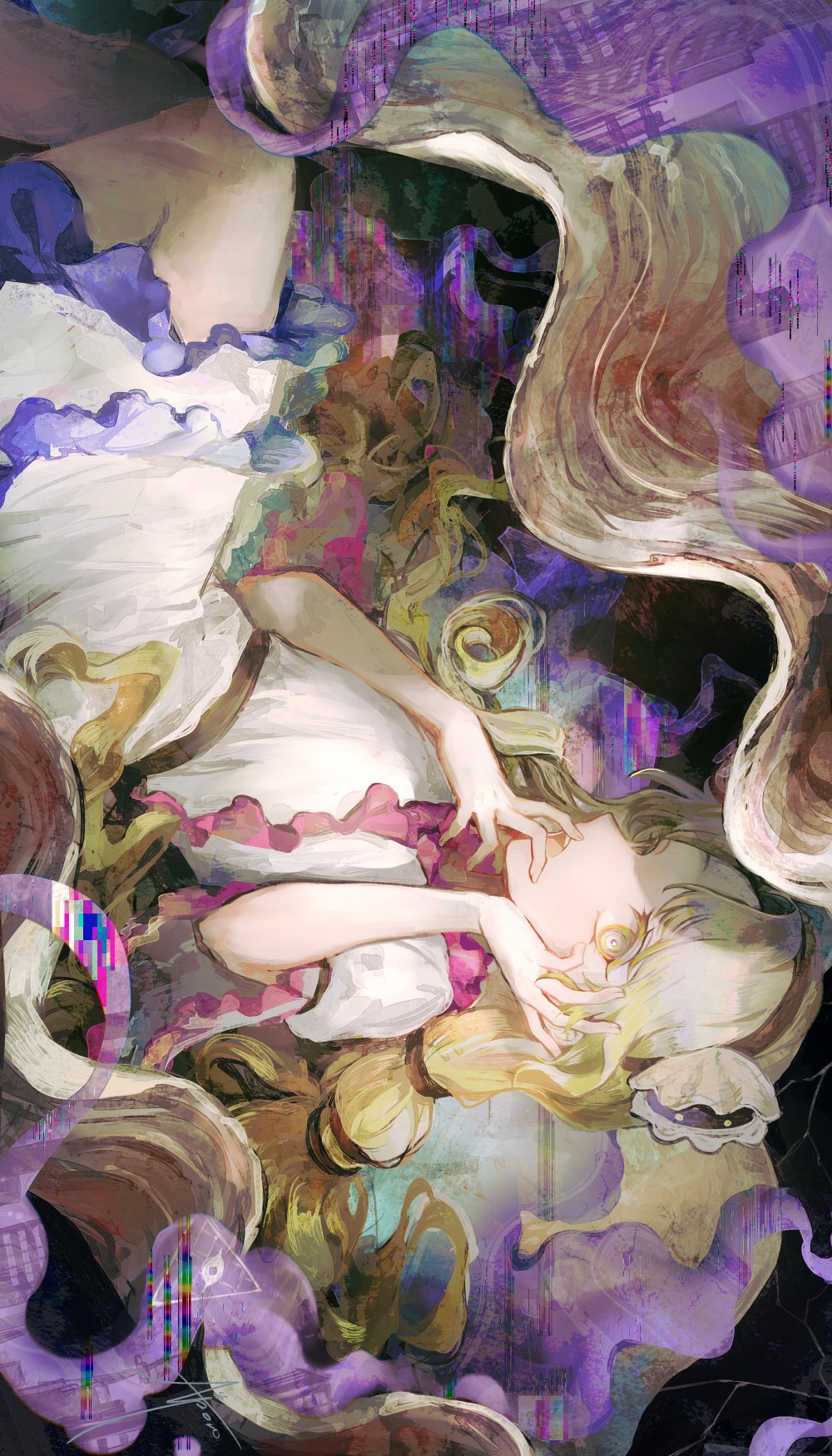 gensou aporo, watari nina, fossilized wonders, touhou, highres, 1girl, blonde hair, clam, clam shell, clam shell ornament, dress, frills, hand on own cheek, hand on own face, hand to own mouth, long hair, looking at viewer, lying, open mouth, short sleeves, solo, teeth, upper teeth only, white dress, yellow eyes