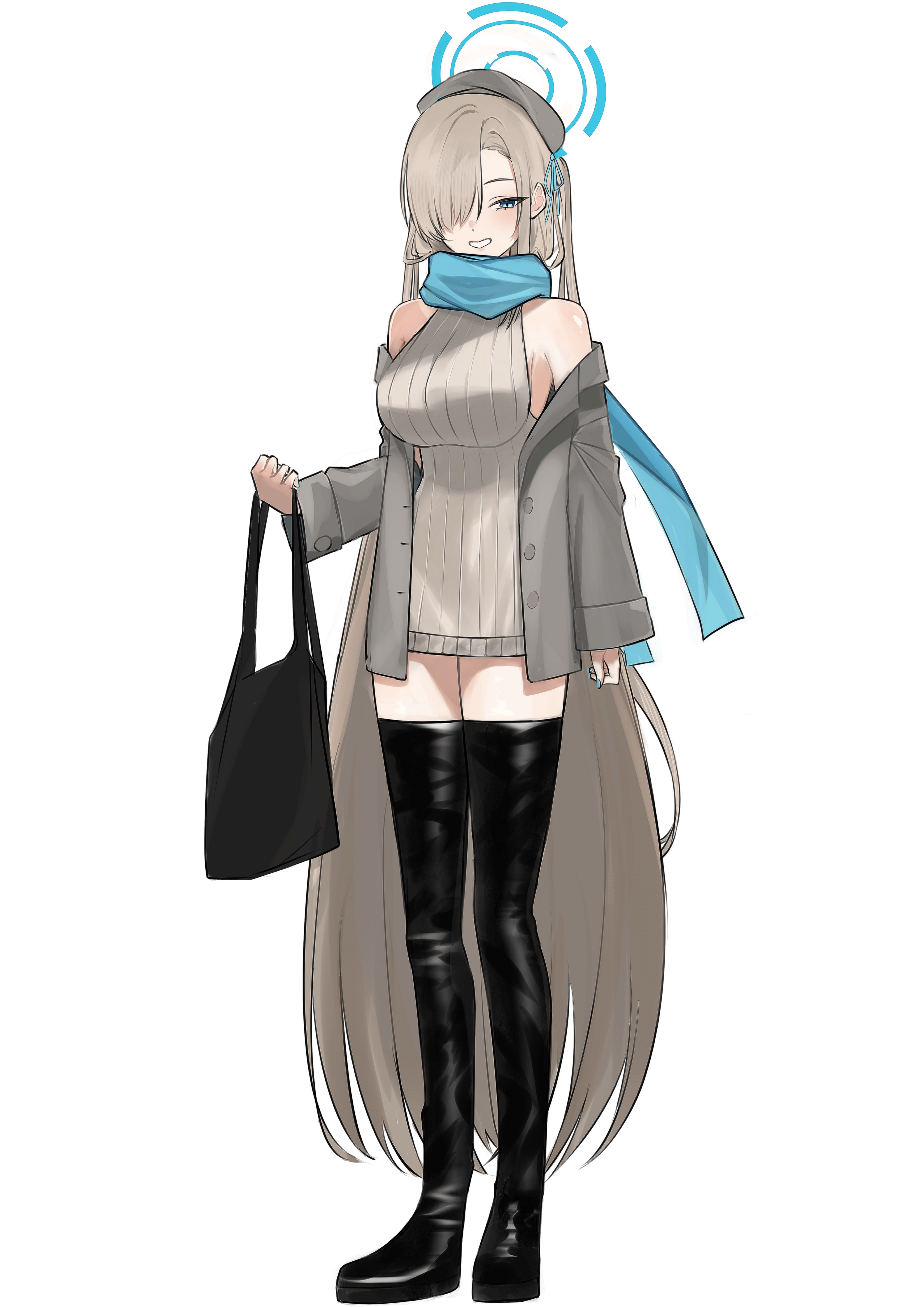 kirisame (101642412), asuna (blue archive), blue archive, absurdres, commentary, highres, 1girl, bag, bare shoulders, black shoes, blue eyes, blue halo, blue scarf, boots, brown hair, brown hat, brown jacket, brown sweater, full body, grin, hair over one eye, hair ribbon, halo, hat, jacket, long hair, looking at viewer, open clothes, open jacket, ribbon, scarf, shoes, sleeveless, sleeveless turtleneck, smile, solo, sweater, thigh boots, thighs, tote bag, turtleneck, turtleneck sweater, two side up, very long hair, virgin killer sweater, white background