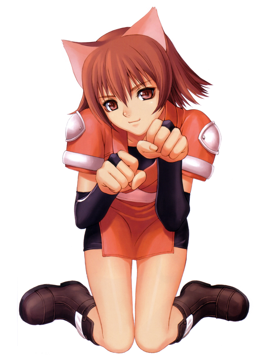 tony taka, mao (shining tears), sega, shining (series), shining tears, highres, animal ears, boots, brown hair, cat ears, eye contact, game, gloves, looking at another, moe (phrase), ninja, red eyes, short hair, shorts, thigh gap, thighs