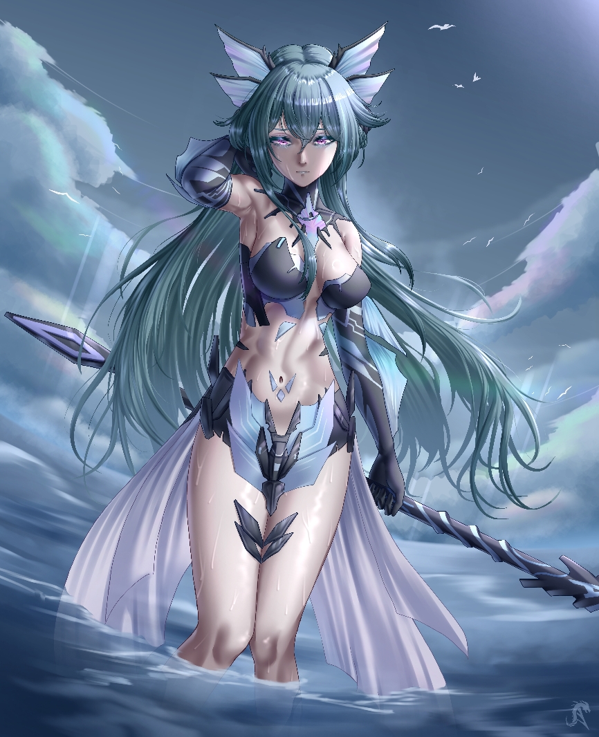 lamia: lost lullaby (pgr), lamia (pgr), punishing: gray raven, 1girl, adhesive bra, ankle fins, aqua hair, arm fins, black bra, bra, breasts, bridgeless bra, closed mouth, cloud, collar, fins, gabriellaurence, hair between eyes, head fins, holding, holding polearm, holding weapon, long hair, mechabare, mechanical arms, medium breasts, navel, polearm, purple eyes, sidelocks, sky, solo, underwear, weapon, wet