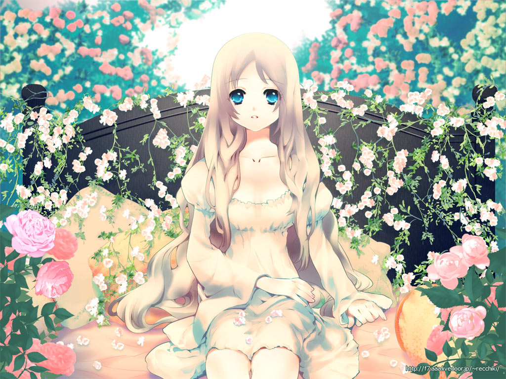 888, original, 1girl, bed, blonde hair, blue eyes, breasts, bush, cleavage, collarbone, cowboy shot, dress, female focus, flower, long hair, looking at viewer, plant, rose, sitting, solo, very long hair, wavy hair