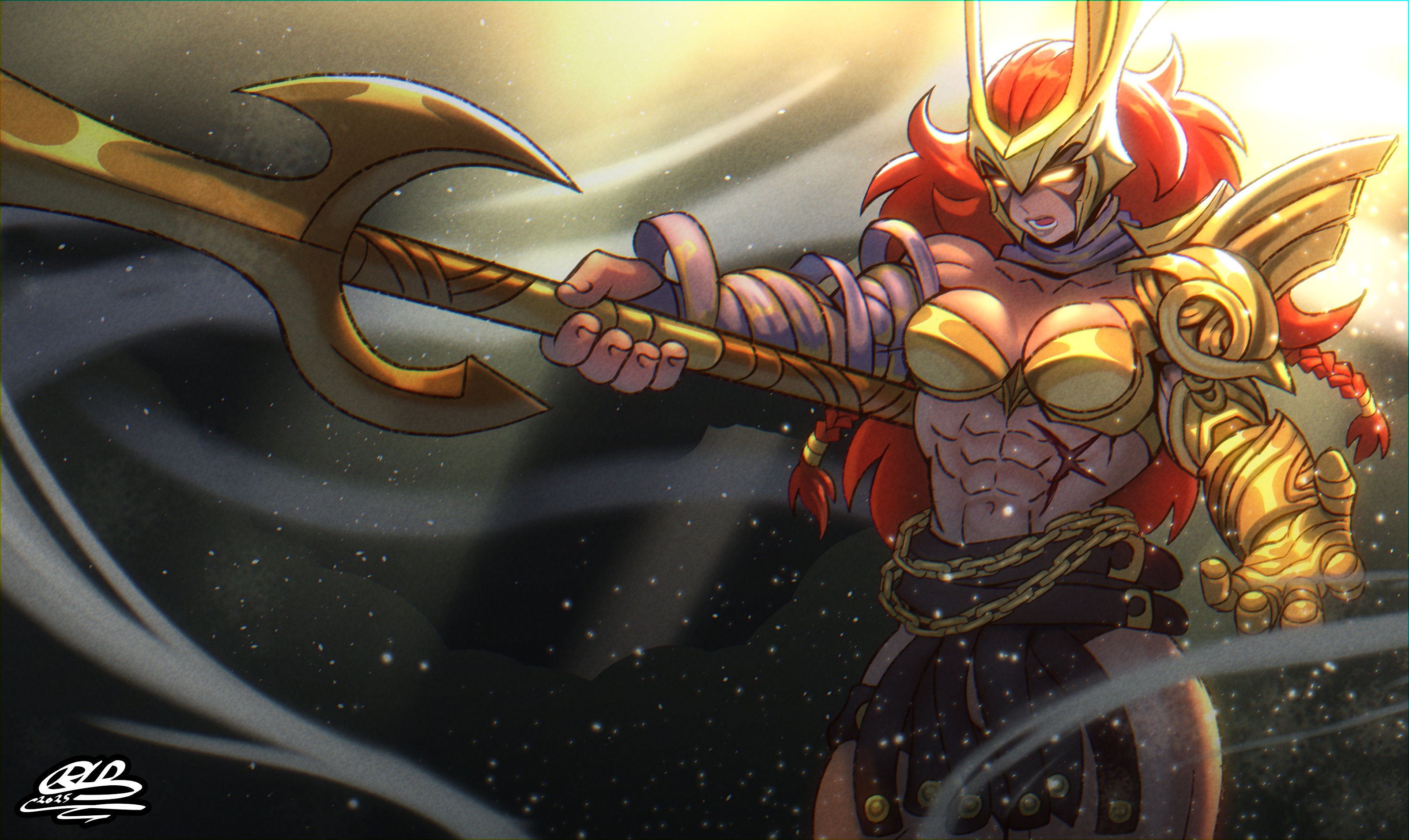 crimsonrld, marvel, marvel rivals, highres, 1girl, abs, angela (marvel), breasts, glowing, glowing eyes, long hair, metal bra, muscular, muscular female, navel, red hair, solo, thor (marvel) (series), weapon