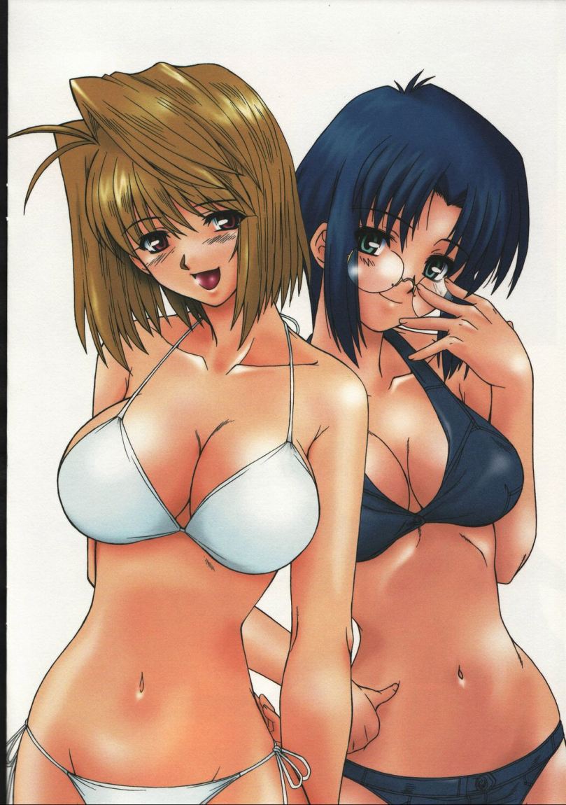 harukaze koucha, arc, arcueid brunestud, ciel (tsukihime), tsukihime, type-moon, 00s, 2girls, ahoge, bikini, blonde hair, blue hair, breasts, cleavage, glasses, green eyes, large breasts, multiple girls, red eyes, short hair, side-tie bikini bottom, swimsuit