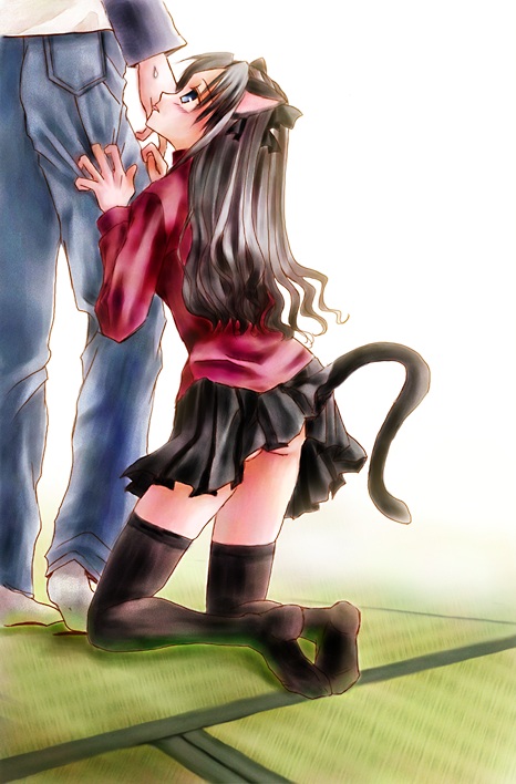 tohsaka rin, fate/stay night, fate (series), type-moon, 00s, animal ears, black hair, blue eyes, bow, cat ears, long hair, moe (phrase), skirt, thighhighs, twintails