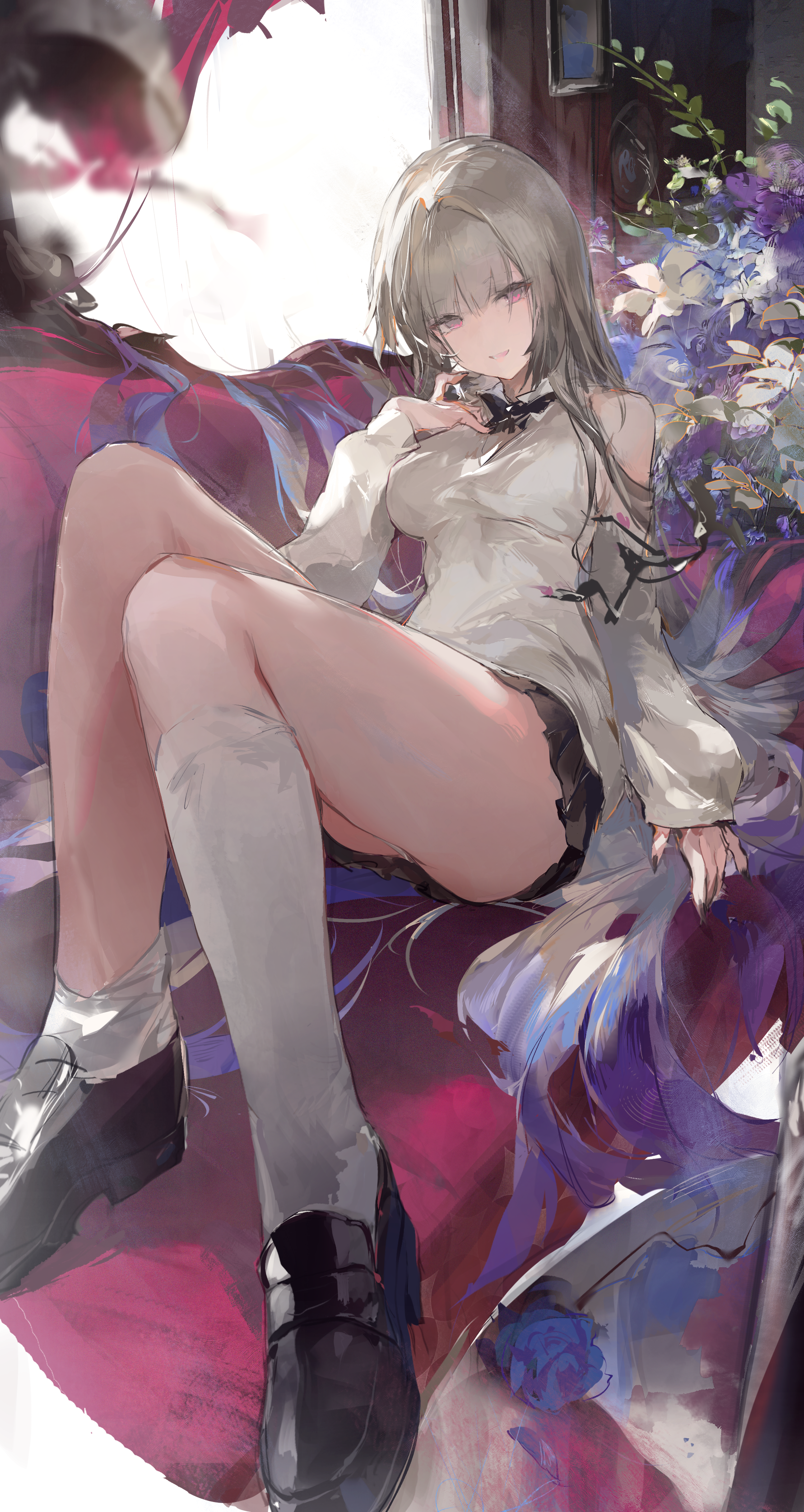zombie ke, original, absurdres, highres, 1girl, black shoes, black skirt, blue flower, blue hair, brown hair, clothing cutout, couch, flower, gradient hair, hair spread out, indoors, long hair, long sleeves, looking at viewer, lying, miniskirt, multicolored hair, on back, on couch, parted lips, pink eyes, shirt, shoes, shoulder cutout, skirt, socks, solo, thighs, very long hair, white flower, white shirt, white socks