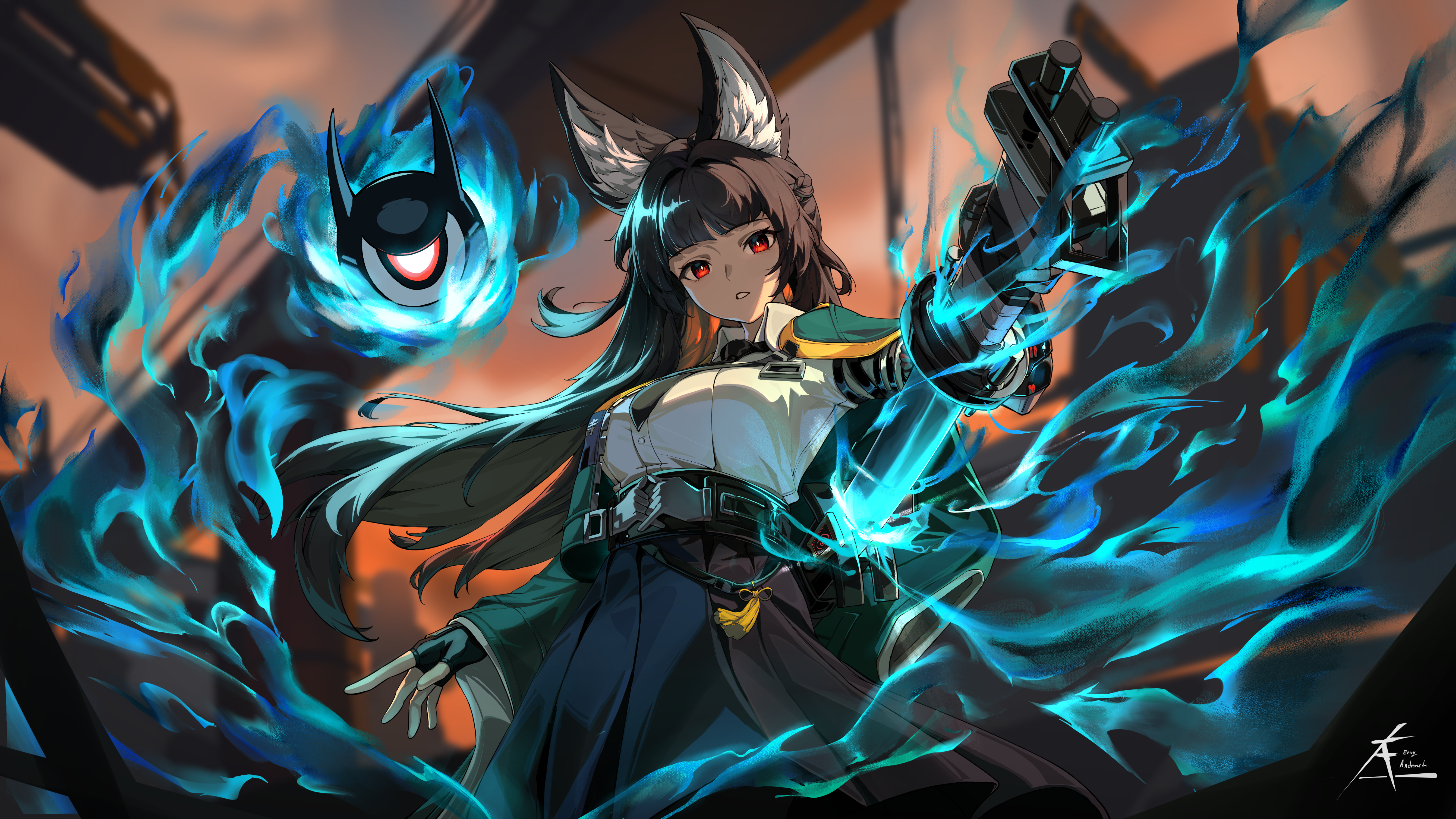 hoshimi miyabi, tailless (zenless zone zero), zenless zone zero, absurdres, highres, 1girl, animal ears, aqua coat, artist name, black gloves, black hair, black necktie, black skirt, blunt bangs, coat, drawing sword, envyandromeda, eyeball, fingerless gloves, fox ears, fox girl, gloves, holding, holding sword, holding weapon, horns, long hair, long sleeves, looking at viewer, necktie, puffy sleeves, red eyes, shirt, skirt, sword, weapon, white shirt, wide sleeves