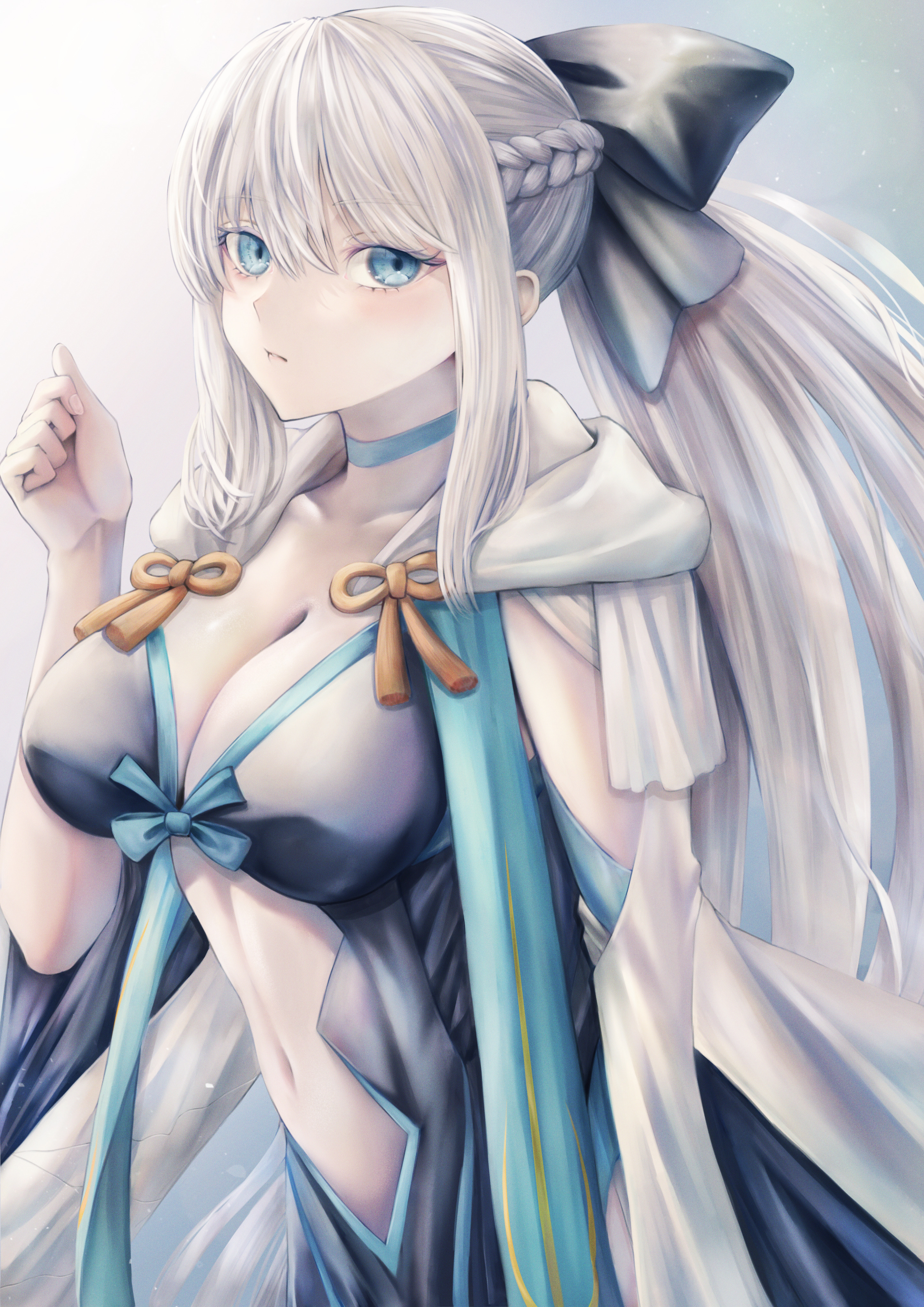 essan0905, morgan le fay (fate), fate/grand order, fate (series), absurdres, commentary request, highres, 1girl, black dress, black ribbon, blue choker, blue hair, braid, breasts, choker, cleavage, closed mouth, clothing cutout, dress, grey background, grey hair, hair ribbon, large breasts, long hair, looking at viewer, navel, ponytail, ribbon, sidelocks, simple background, solo, stomach cutout, two-tone dress, white dress