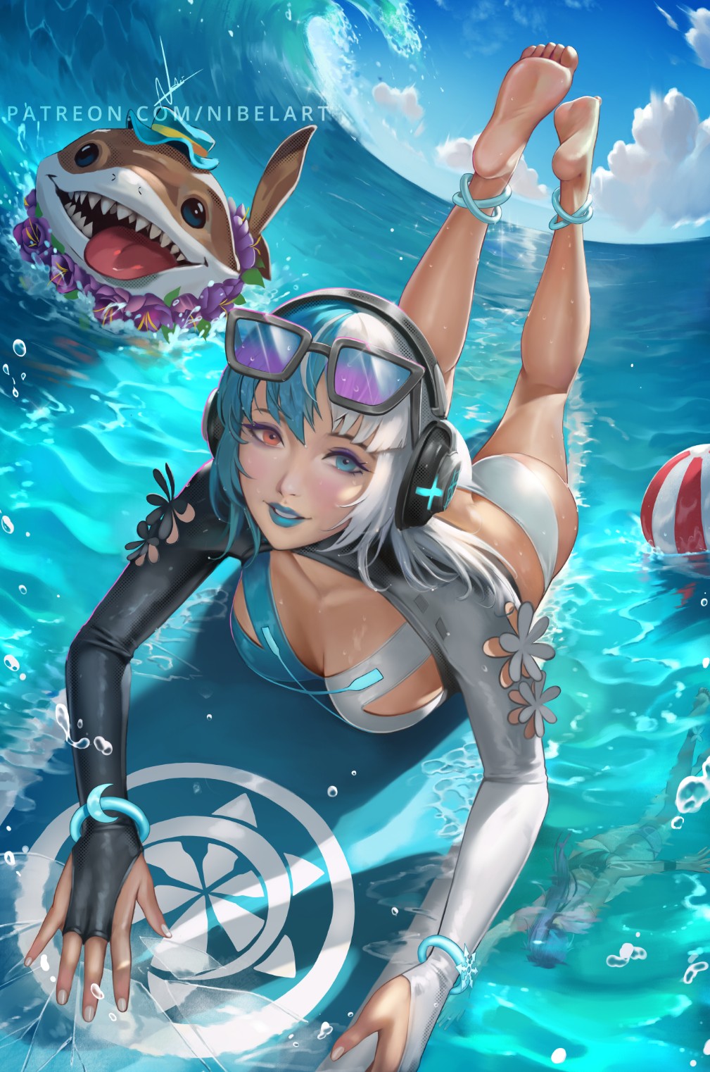 nibelart, jeff (marvel), luna snow, luna snow (cool summer), marvel, marvel rivals, highres, 1girl, ass, blue eyes, blue hair, breasts, cleavage, eyewear on head, headphones, heterochromia, large breasts, long hair, looking at viewer, multicolored hair, official alternate costume, one-piece swimsuit, smile, split-color hair, sunglasses, swimsuit, two-tone hair, white hair