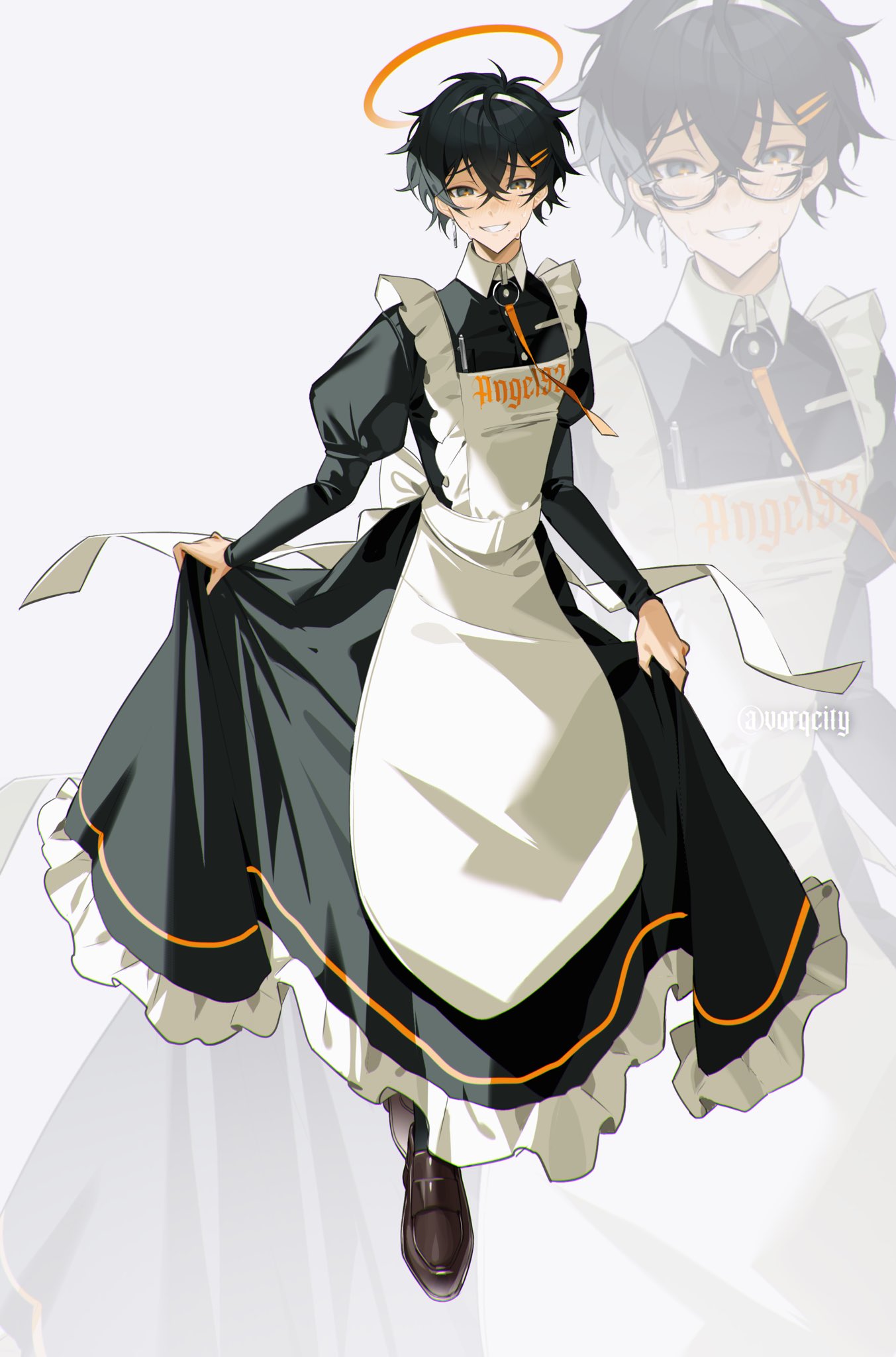 vorqcity, original, commentary, english commentary, highres, 1boy, apron, black dress, black eyes, black hair, brown shoes, choppy bangs, collared dress, crossdressing, crossdressing (mtf), crossed bangs, dress, frilled apron, frilled dress, frills, full body, hair between eyes, halo, long sleeves, looking at viewer, maid, maid apron, male focus, male maid, mole, mole under eye, mole under mouth, multiple moles, orange halo, parted lips, shoes, short hair, skirt hold, smile, sweat, white apron, white background