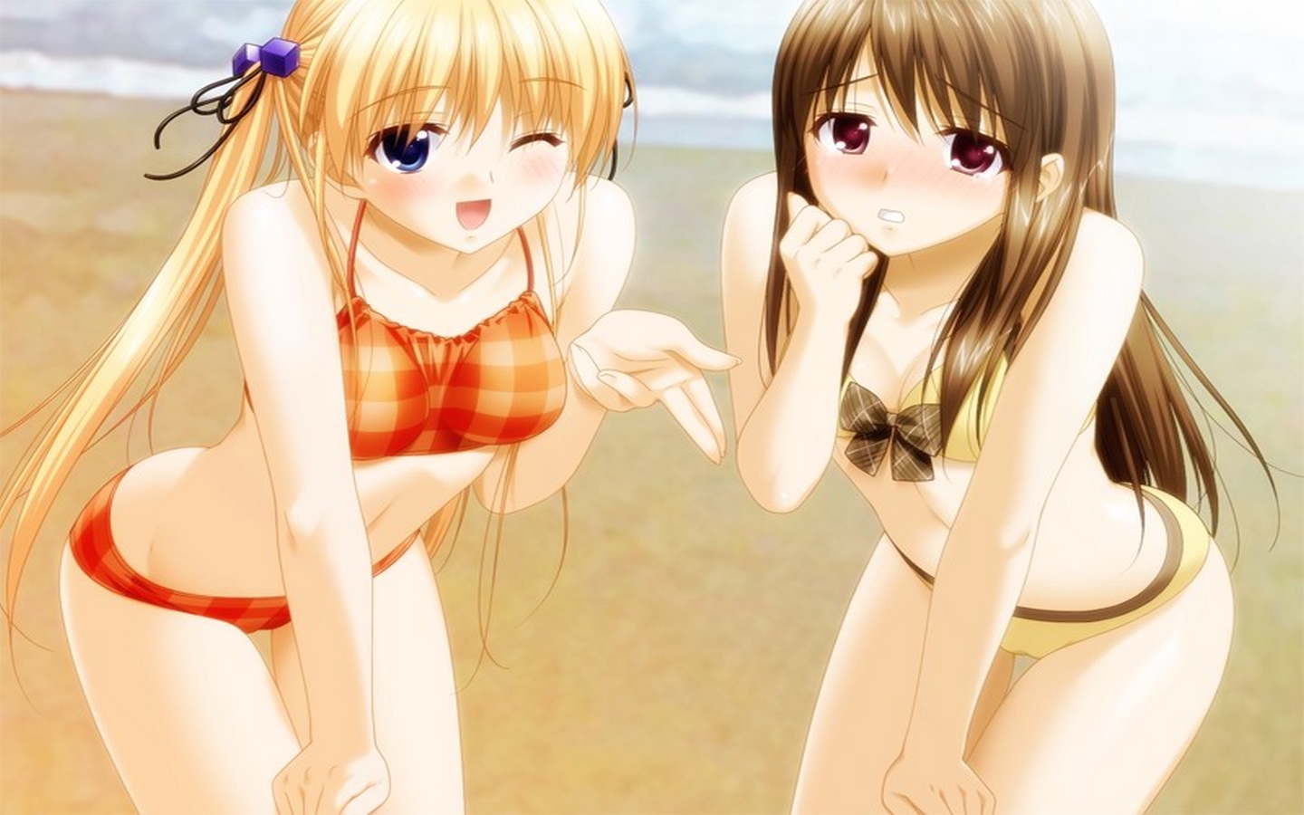 tagme, 2girls, bikini, blonde hair, blue eyes, brown hair, long hair, multiple girls, red eyes, swimsuit