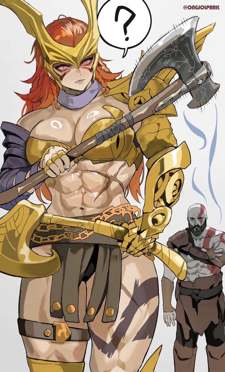 park ongjol, kratos (god of war), god of war, marvel, marvel rivals, highres, 1girl, abs, angela (marvel), axe, bald, beard, bodypaint, breasts, facial hair, long hair, metal bra, muscular, muscular female, navel, norse, red hair, scar, weapon