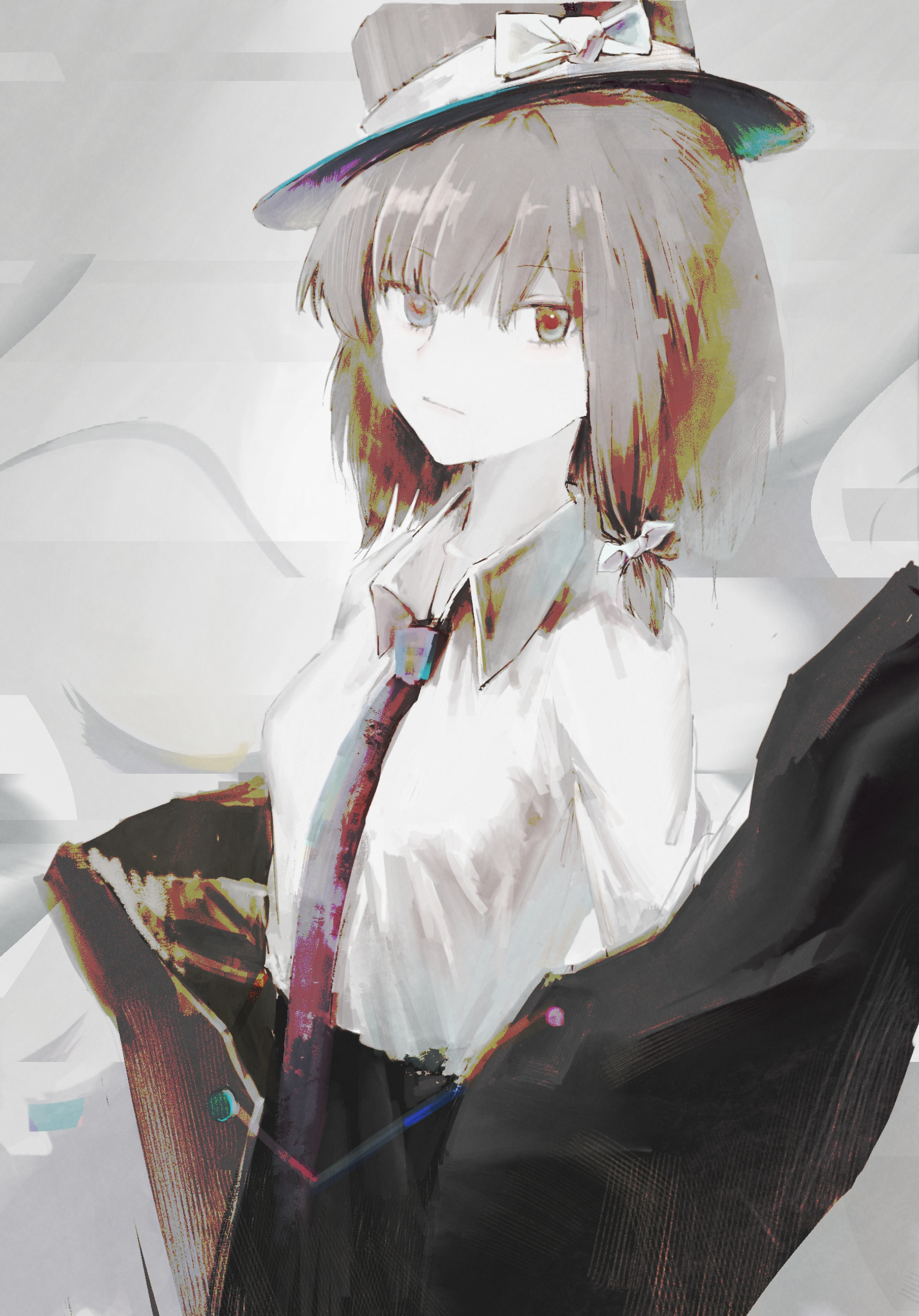 wuxiaohen, usami renko, touhou, highres, 1girl, black skirt, brown eyes, brown hair, closed mouth, collared shirt, expressionless, grey background, hair ribbon, hat, long sleeves, looking at viewer, medium hair, necktie, red necktie, ribbon, shirt, skirt, solo, upper body, white shirt