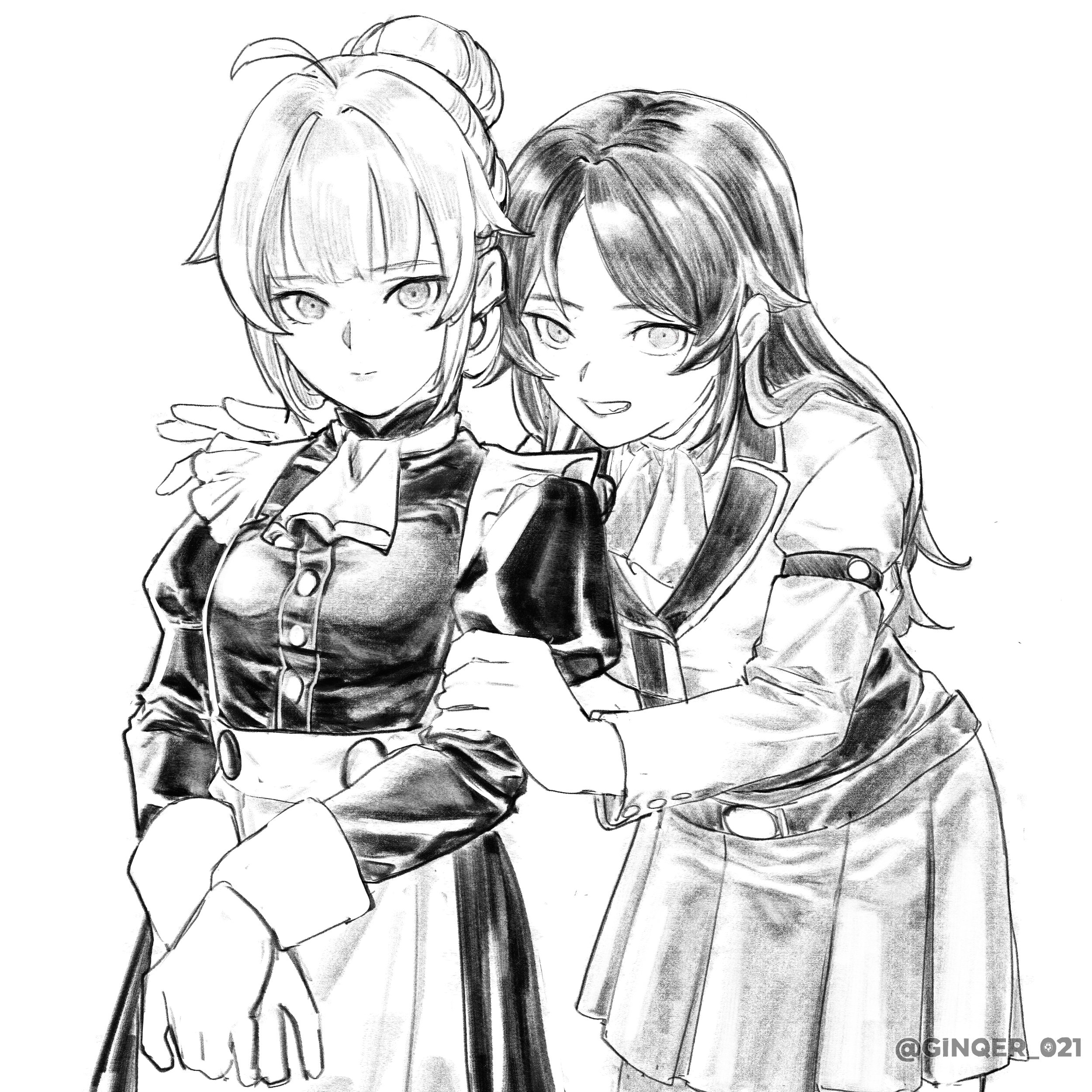 aisha greyrat, norn greyrat, mushoku tensei, absurdres, highres, 2girls, ginqer021, greyscale, hair bun, hand on another's shoulder, looking at viewer, maid, monochrome, multiple girls, school uniform, siblings, sisters