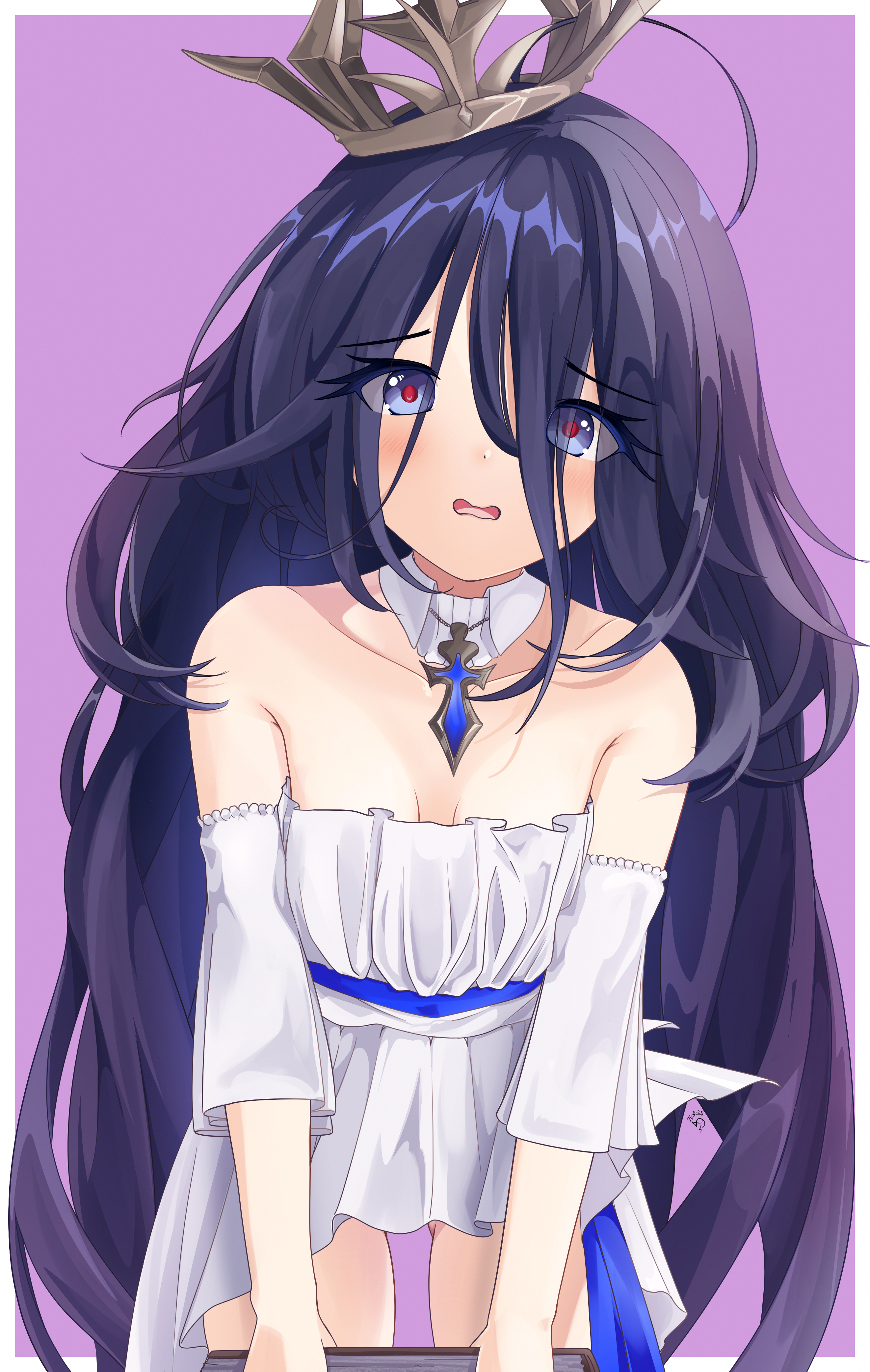 hollow catalpa, le hardi (azur lane), azur lane, absurdres, highres, 1girl, ahoge, bare shoulders, black hair, blue eyes, breasts, crown, detached collar, dress, light blush, long hair, looking at viewer, messy hair, open mouth, petite, purple background, red pupils, short dress, simple background, small breasts, solo, very long hair, white dress