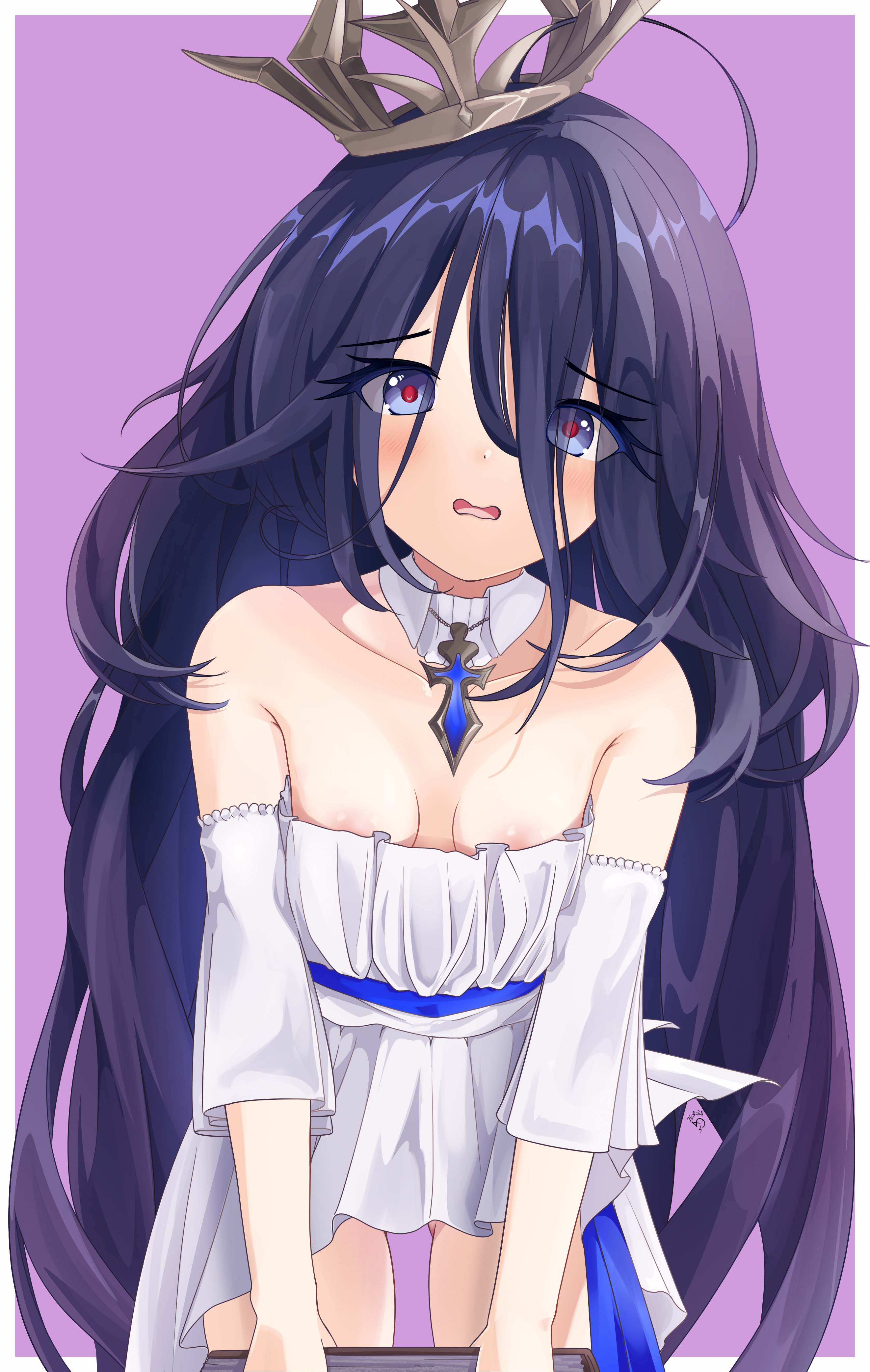 hollow catalpa, le hardi (azur lane), azur lane, absurdres, highres, 1girl, ahoge, areola slip, bare shoulders, black hair, blue eyes, breasts, crown, detached collar, dress, light blush, long hair, looking at viewer, messy hair, open mouth, petite, purple background, red pupils, short dress, simple background, small breasts, solo, very long hair, white dress