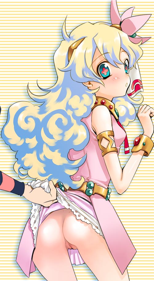 uk-works, nia teppelin, tengen toppa gurren lagann, + +, 00s, 1girl, armband, armlet, ass, back, belt, blonde hair, blue eyes, blush, bracelet, clothes lift, cross-shaped pupils, cuffs, dimples of venus, dress, dress lift, female focus, flower, from behind, hair flower, hair ornament, jewelry, long hair, looking back, multicolored hair, no panties, pink dress, pussy, skirt, skirt lift, sleeveless, solo, solo focus, striped background, symbol-shaped pupils, two-tone hair, uncensored