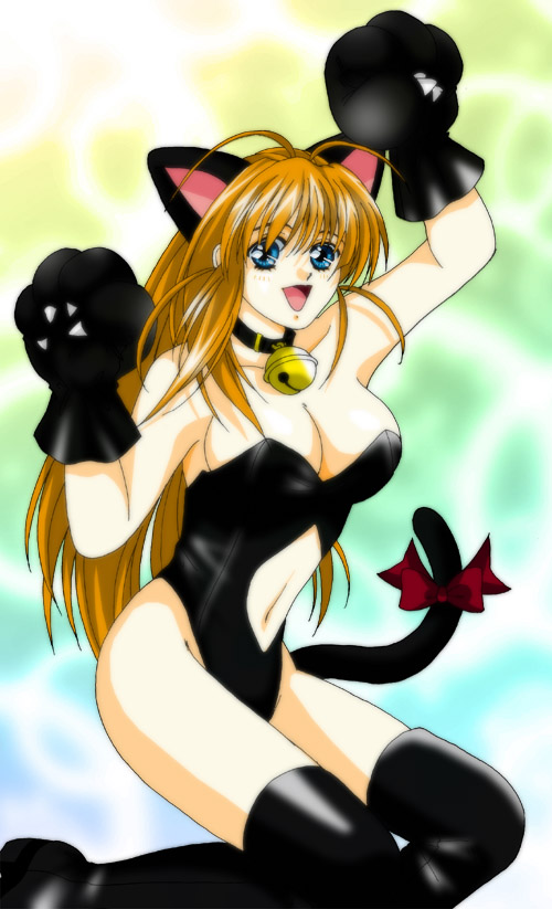 1girl, ahoge, animal ears, animal hands, arm up, bell, black thighhighs, blue eyes, blush, bow, breasts, brown hair, cat ears, cat girl, cat paws, cat tail, choker, cleavage, collar, female focus, gloves, hand up, happy, jingle bell, kneeling, long hair, open mouth, ribbon, smile, solo, strapless, tail, thighhighs