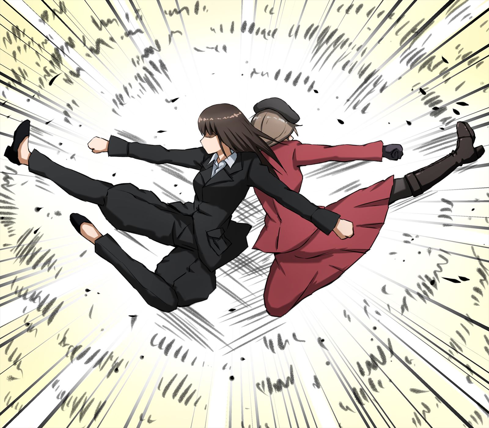 omachi (slabco), kenshiro, nishizumi shiho, shimada chiyo, shin (hokuto no ken), girls und panzer, hokuto no ken, highres, 2girls, black jacket, black shoes, black suit, boots, breasts, brown boots, brown gloves, clenched hand, fighting stance, flying kick, formal clothes, full body, gloves, jacket, kicking, large breasts, multiple girls, red jacket, shirt, shoes, straight hair, suit, white shirt