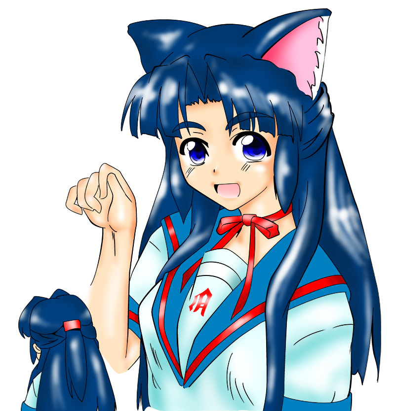 asakura ryoko, suzumiya haruhi no yuuutsu, 00s, animal ears, blue eyes, blue hair, bow, cat ears, long hair, ribbon, school uniform, serafuku