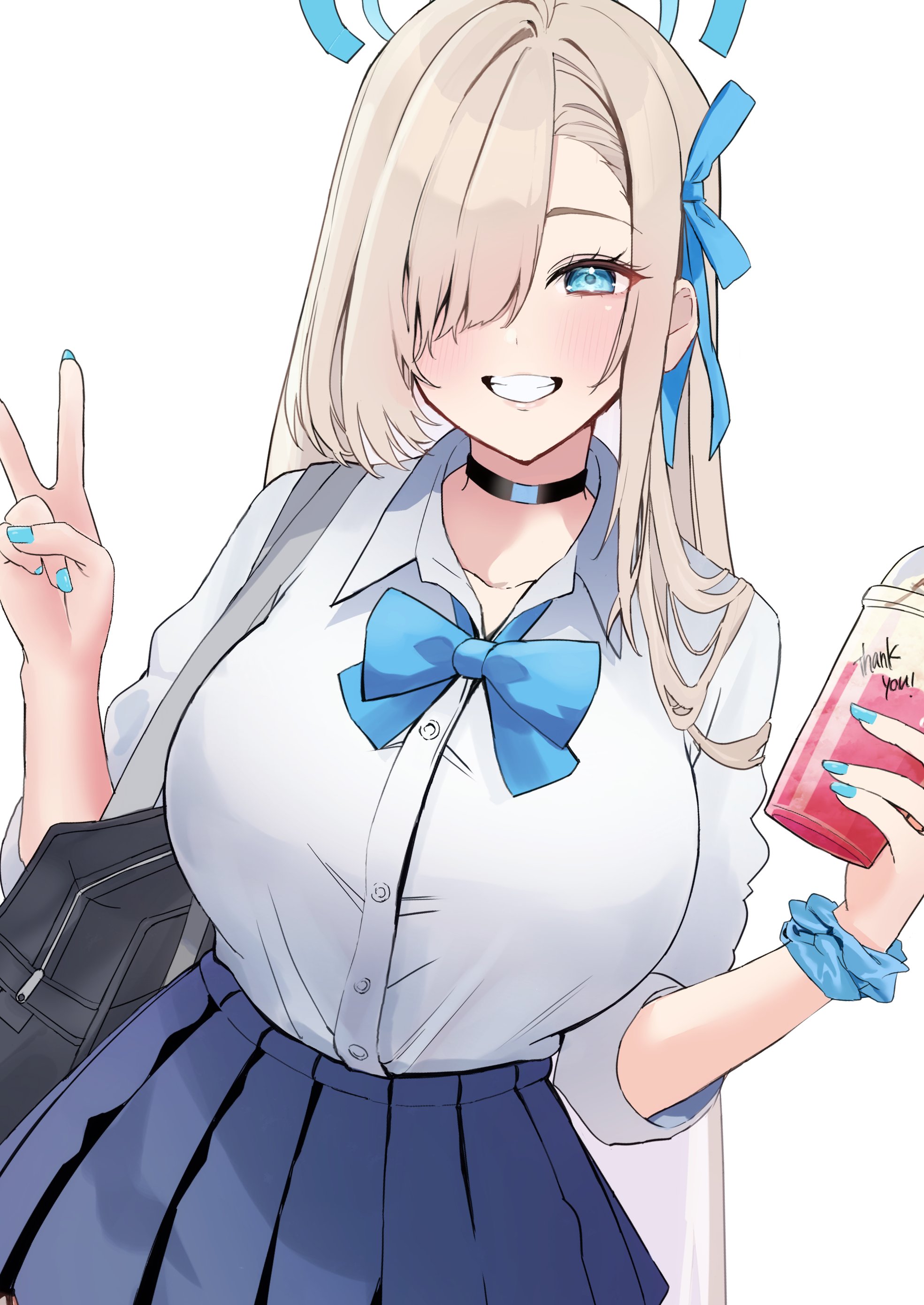 nakano kura, asuna (blue archive), asuna (school uniform) (blue archive), blue archive, absurdres, hashtag-only commentary, highres, 1girl, bag, blonde hair, blue bow, blue bowtie, blue eyes, blue halo, blue ribbon, blue skirt, blush, bow, bowtie, breasts, choker, collarbone, cup, grin, hair over one eye, hair ribbon, halo, holding, holding cup, large breasts, long hair, looking at viewer, pleated skirt, ribbon, school bag, scrunchie, shirt, skirt, sleeves rolled up, smile, solo, thank you, v, very long hair, white shirt, wrist scrunchie