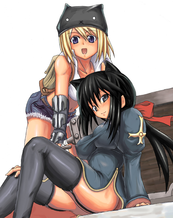 nekohood, acolyte (ragnarok online), merchant, animal ears, black hair, blonde hair, blue eyes, bow, cat ears, dress, garter belt, gloves, long hair, midriff, ponytail, shorts, thighhighs