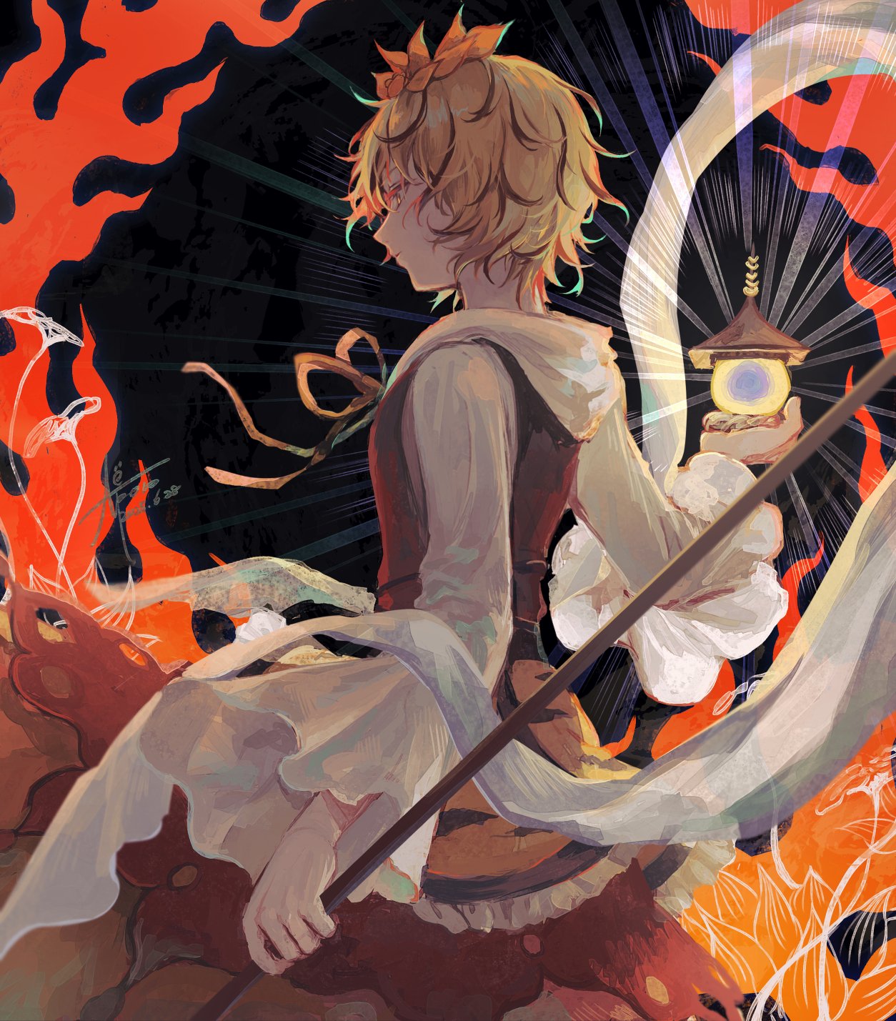 gensou aporo, toramaru shou, touhou, highres, 1girl, animal print, back, bishamonten's pagoda, black background, black hair, blonde hair, closed mouth, dress, expressionless, fire, flower, from behind, holding, holding polearm, holding weapon, long sleeves, looking to the side, lotus hair ornament, multicolored hair, polearm, red dress, shirt, short hair, signature, solo, tiger print, two-tone hair, weapon, white shirt, yellow eyes