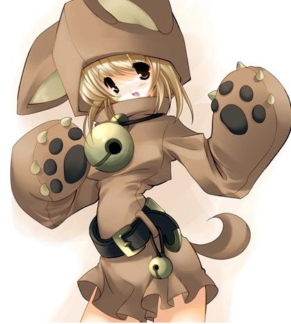 lowres, animal ears, bell, belt, blonde hair, brown eyes, collar, dog ears, dress, hood, inuhood, short hair