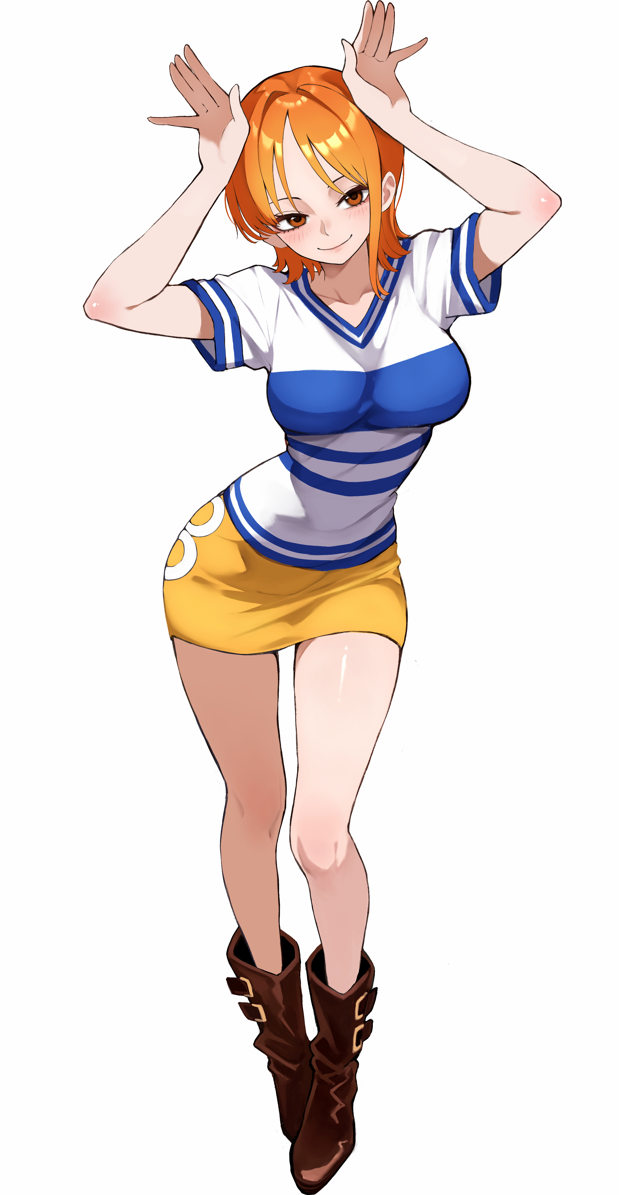 kasumi 6, nami (one piece), one piece, absurdres, commission, highres, pixiv commission, variant set, 1girl, arms up, blue shirt, boots, breasts, brown boots, brown eyes, closed mouth, full body, large breasts, looking at viewer, orange hair, pencil skirt, shirt, shorot hair, simple background, skirt, smile, solo, standing, thighs, white background, yellow skirt